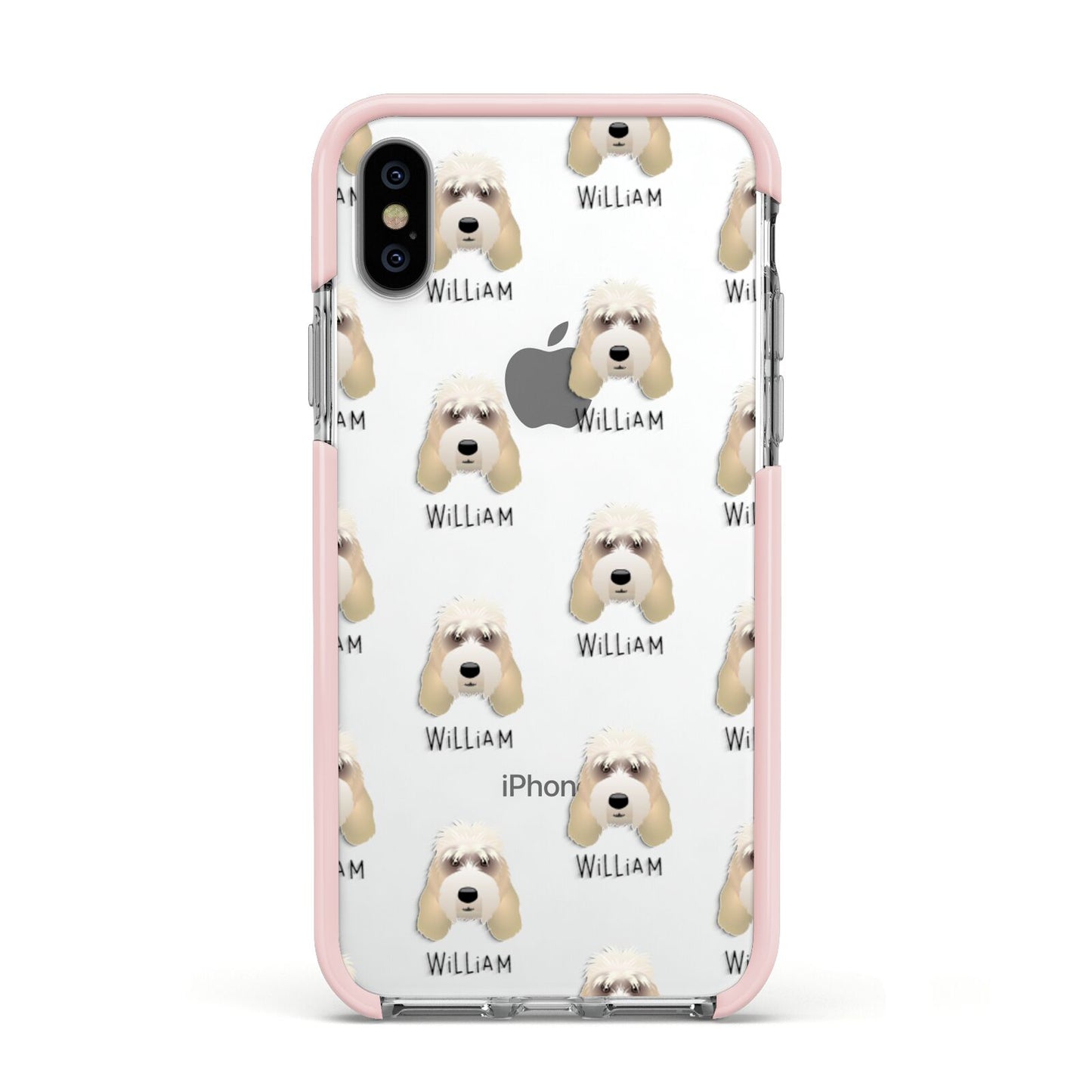 Grand Basset Griffon Vendeen Icon with Name Apple iPhone Xs Impact Case Pink Edge on Silver Phone