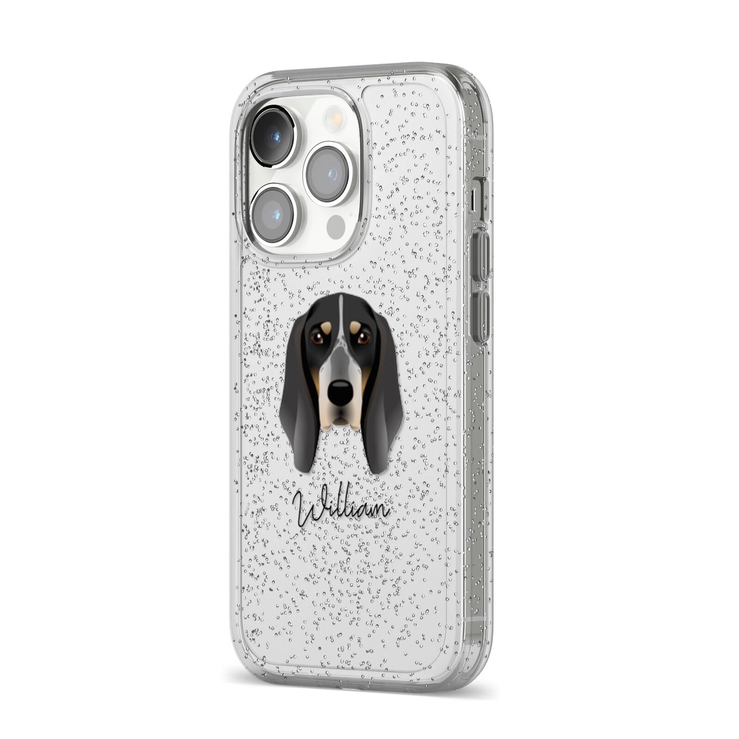 Grand Bleu De Gascogne Personalised iPhone 14 Pro Glitter Tough Case Silver Angled Image