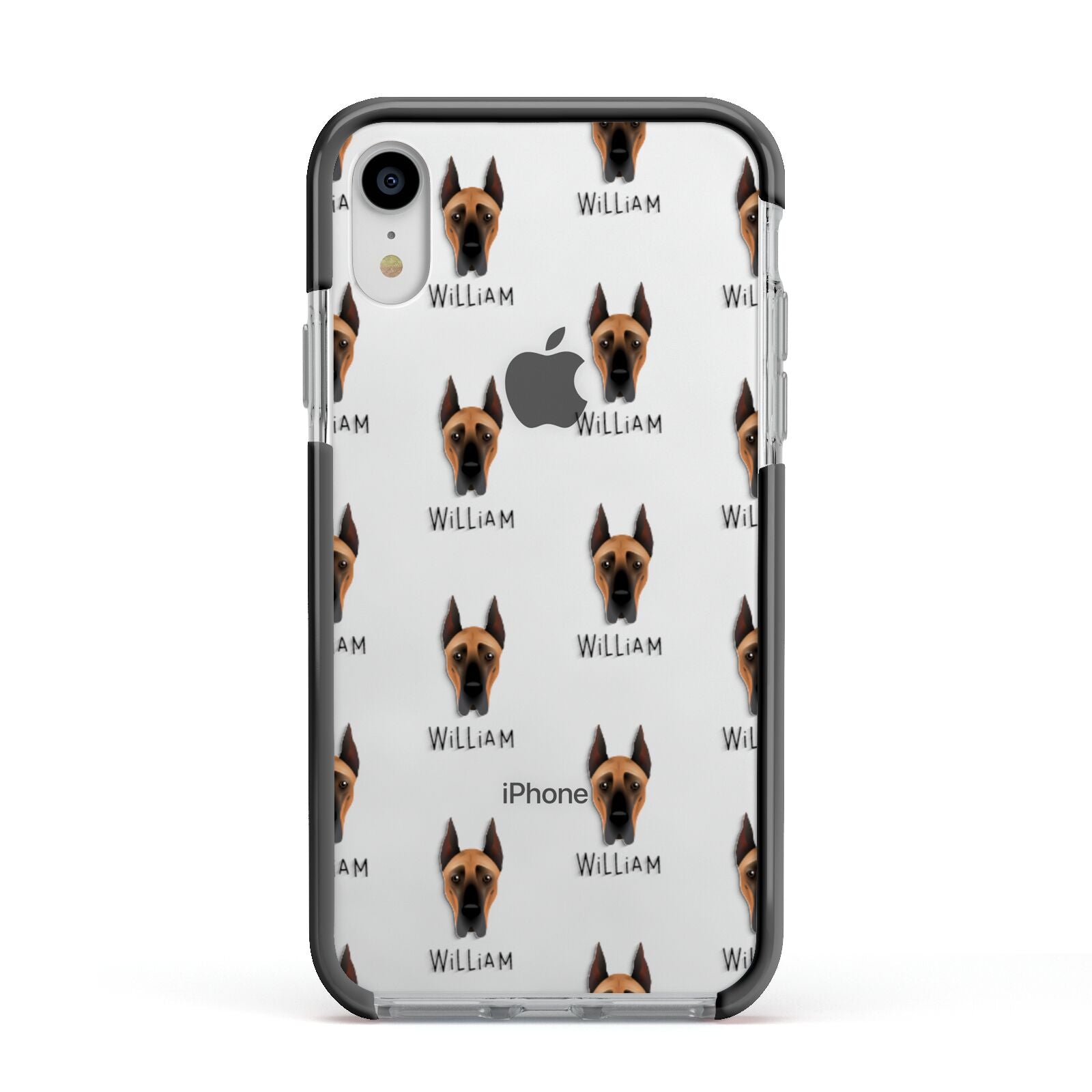 Great Dane Icon with Name Apple iPhone XR Impact Case Black Edge on Silver Phone