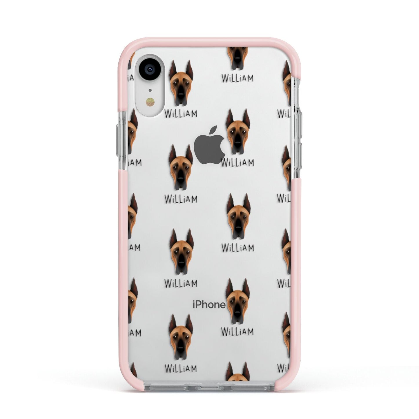 Great Dane Icon with Name Apple iPhone XR Impact Case Pink Edge on Silver Phone