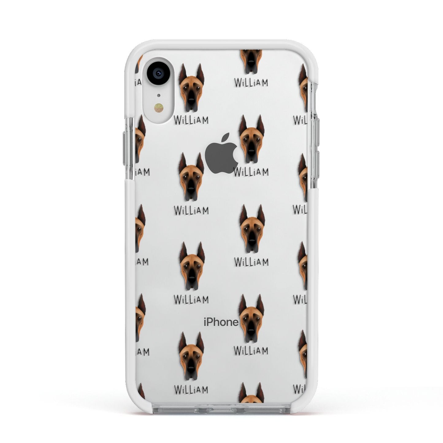 Great Dane Icon with Name Apple iPhone XR Impact Case White Edge on Silver Phone