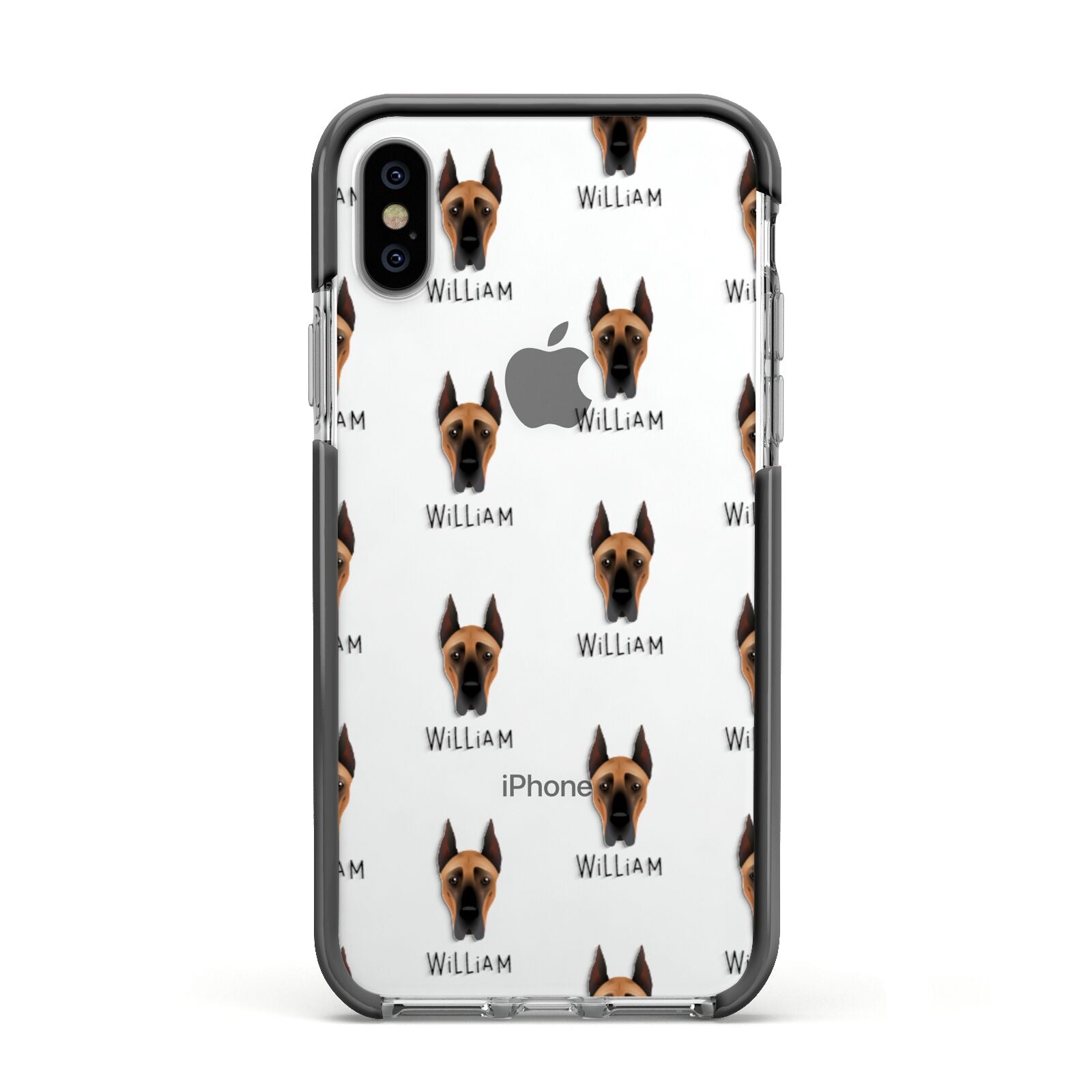 Great Dane Icon with Name Apple iPhone Xs Impact Case Black Edge on Silver Phone