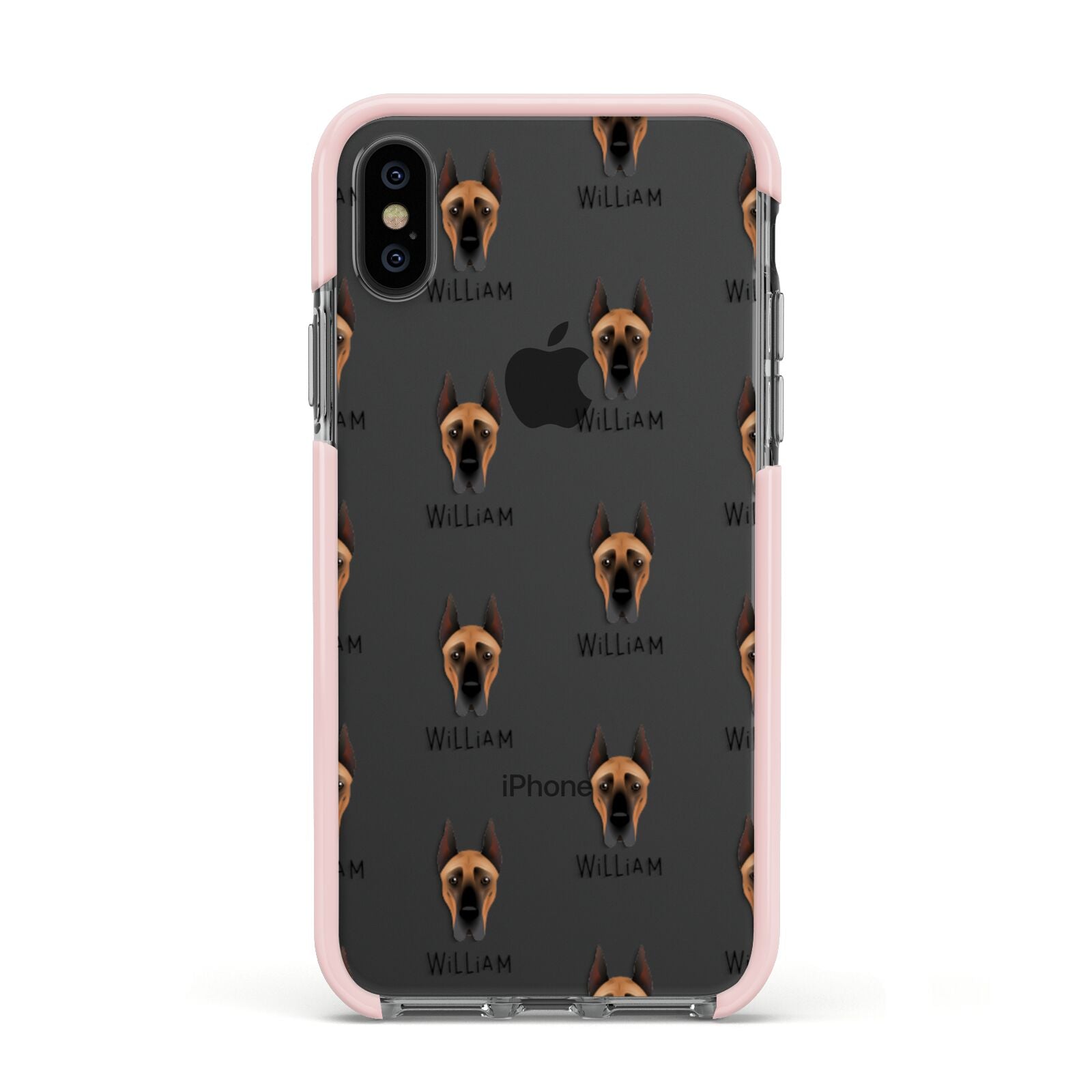 Great Dane Icon with Name Apple iPhone Xs Impact Case Pink Edge on Black Phone