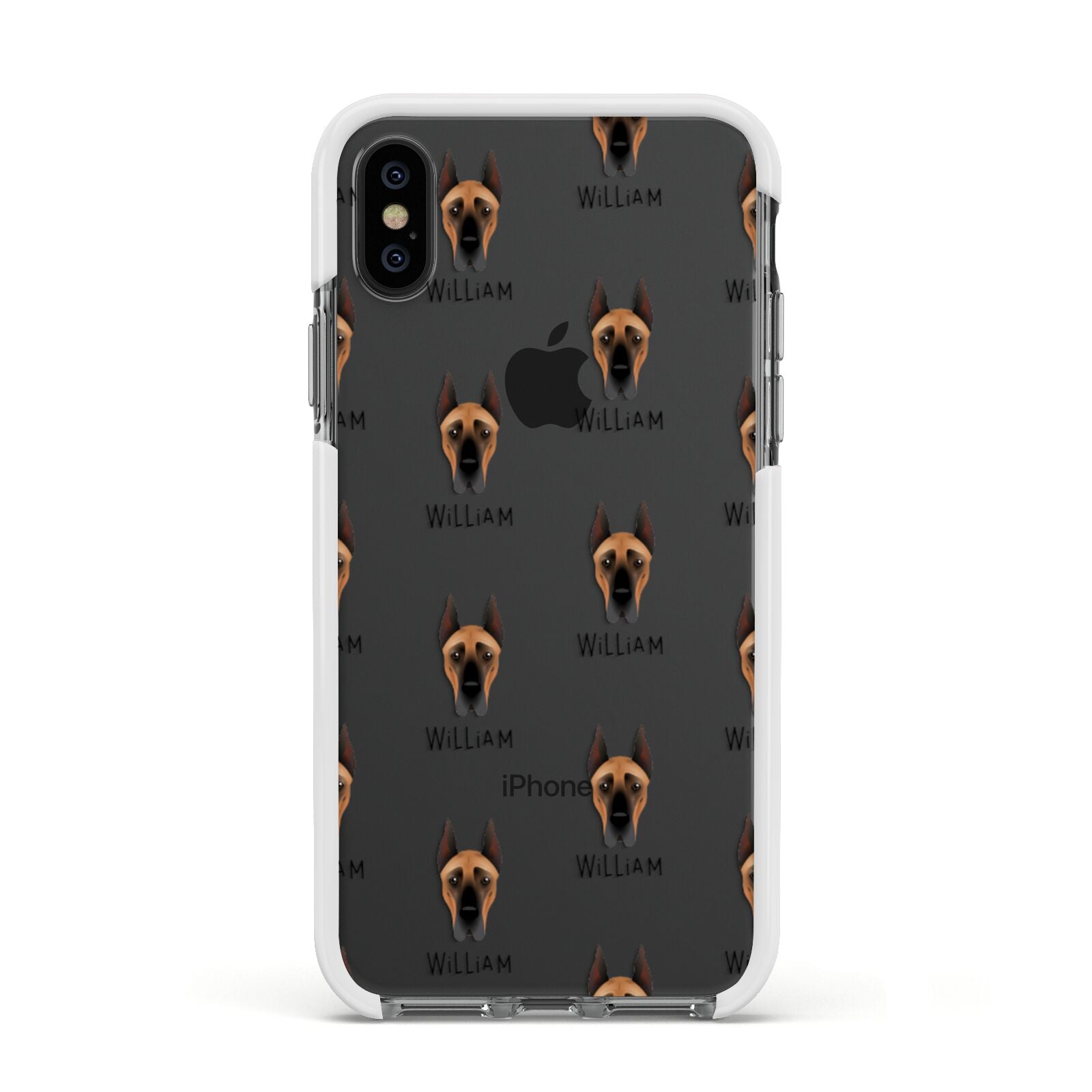 Great Dane Icon with Name Apple iPhone Xs Impact Case White Edge on Black Phone