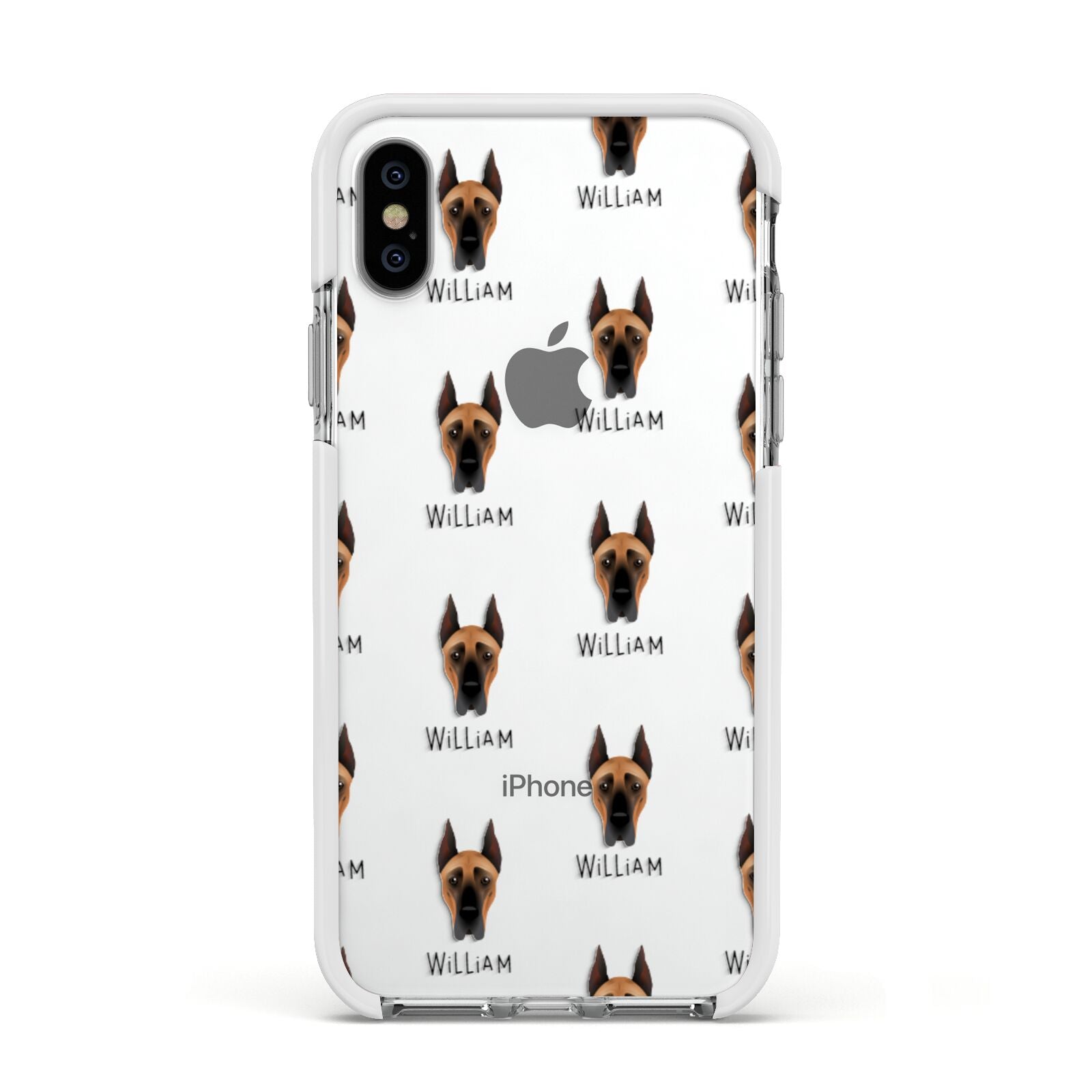 Great Dane Icon with Name Apple iPhone Xs Impact Case White Edge on Silver Phone
