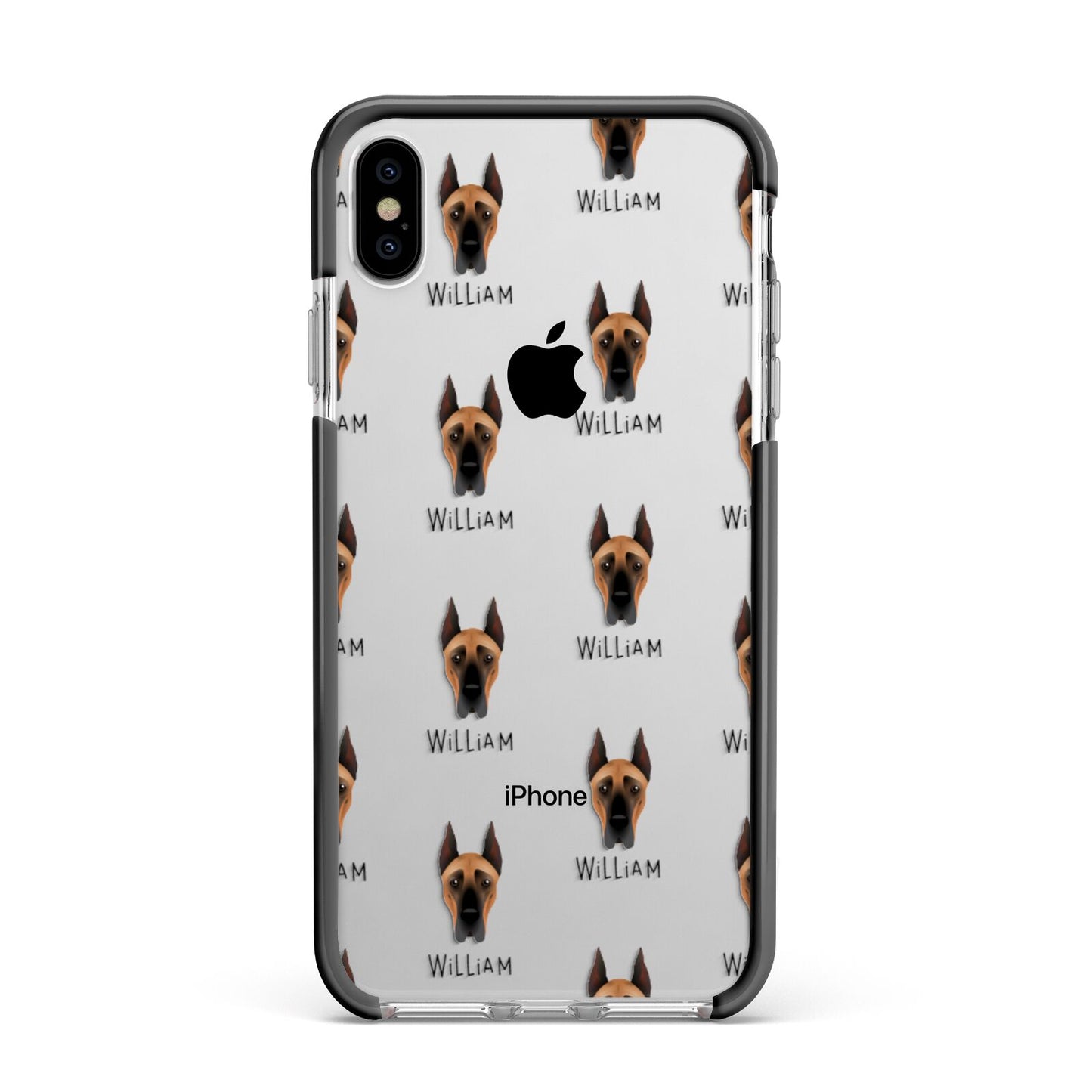 Great Dane Icon with Name Apple iPhone Xs Max Impact Case Black Edge on Silver Phone
