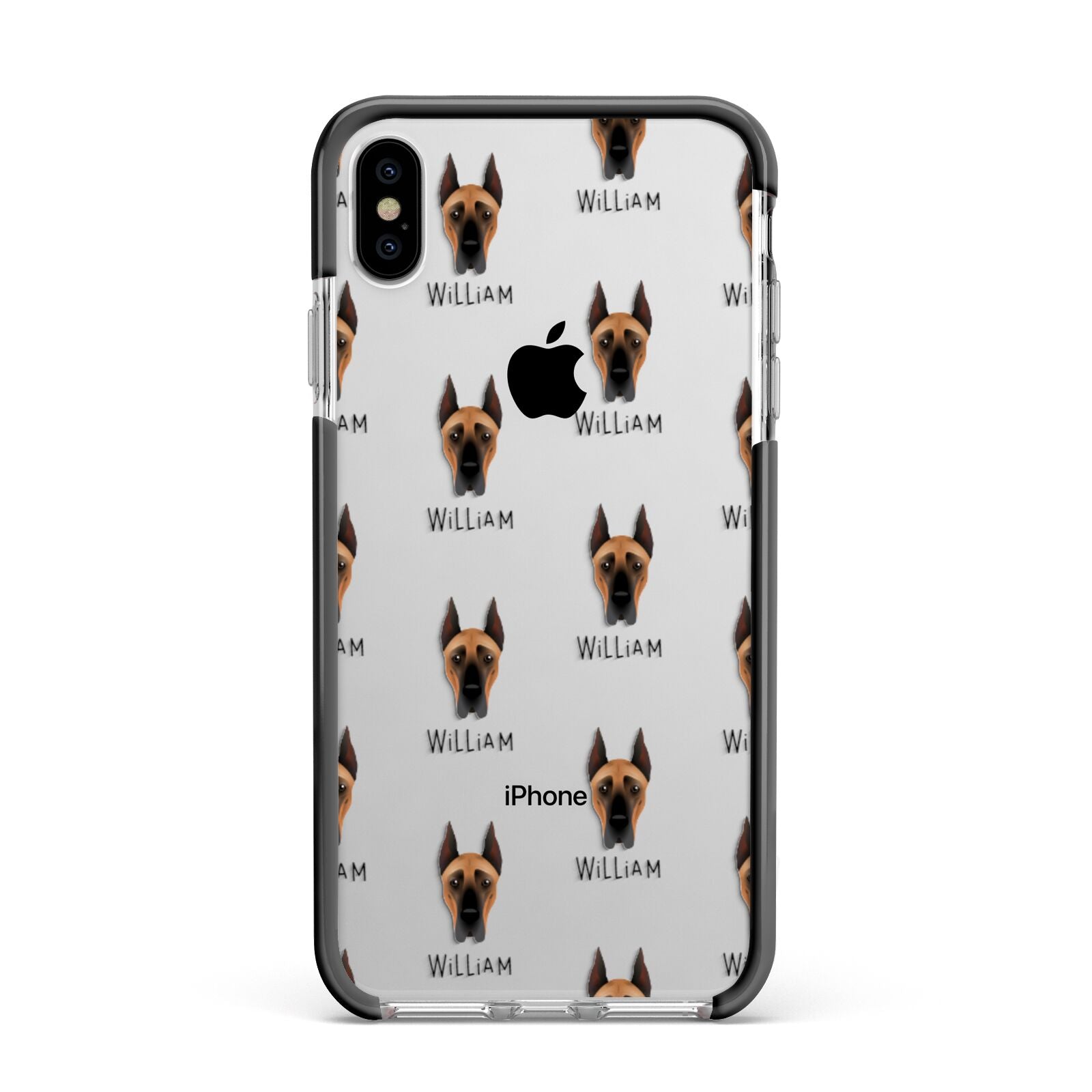 Great Dane Icon with Name Apple iPhone Xs Max Impact Case Black Edge on Silver Phone