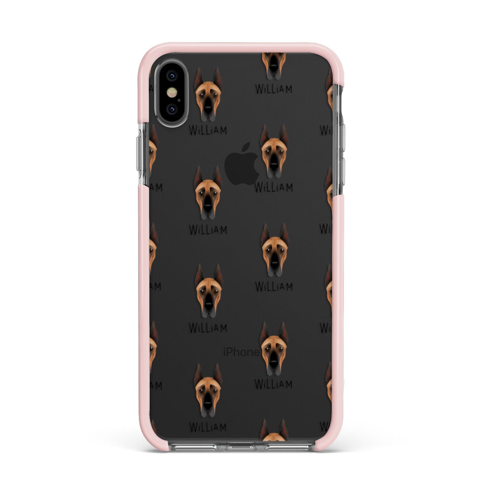 Great Dane Icon with Name Apple iPhone Xs Max Impact Case Pink Edge on Black Phone