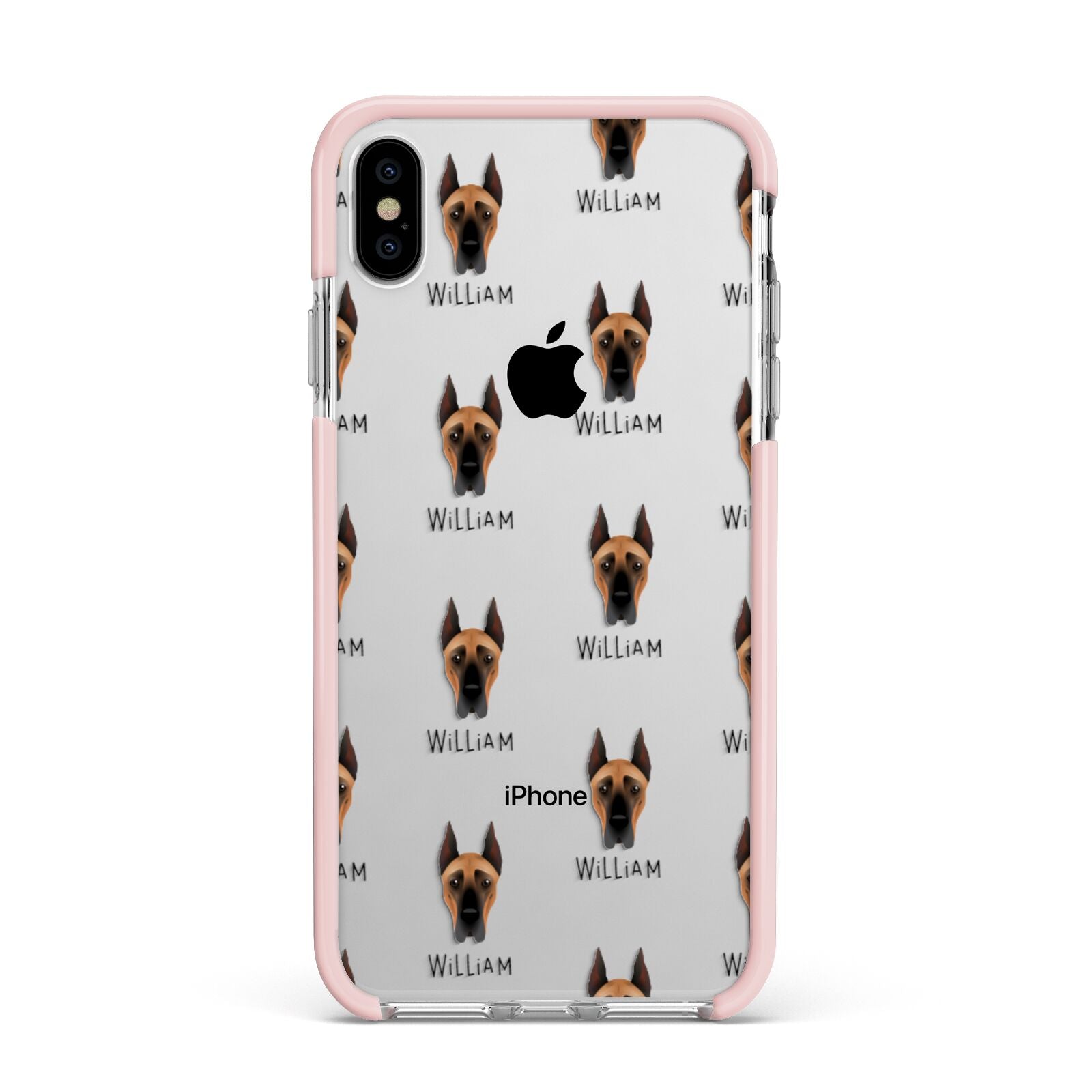 Great Dane Icon with Name Apple iPhone Xs Max Impact Case Pink Edge on Silver Phone