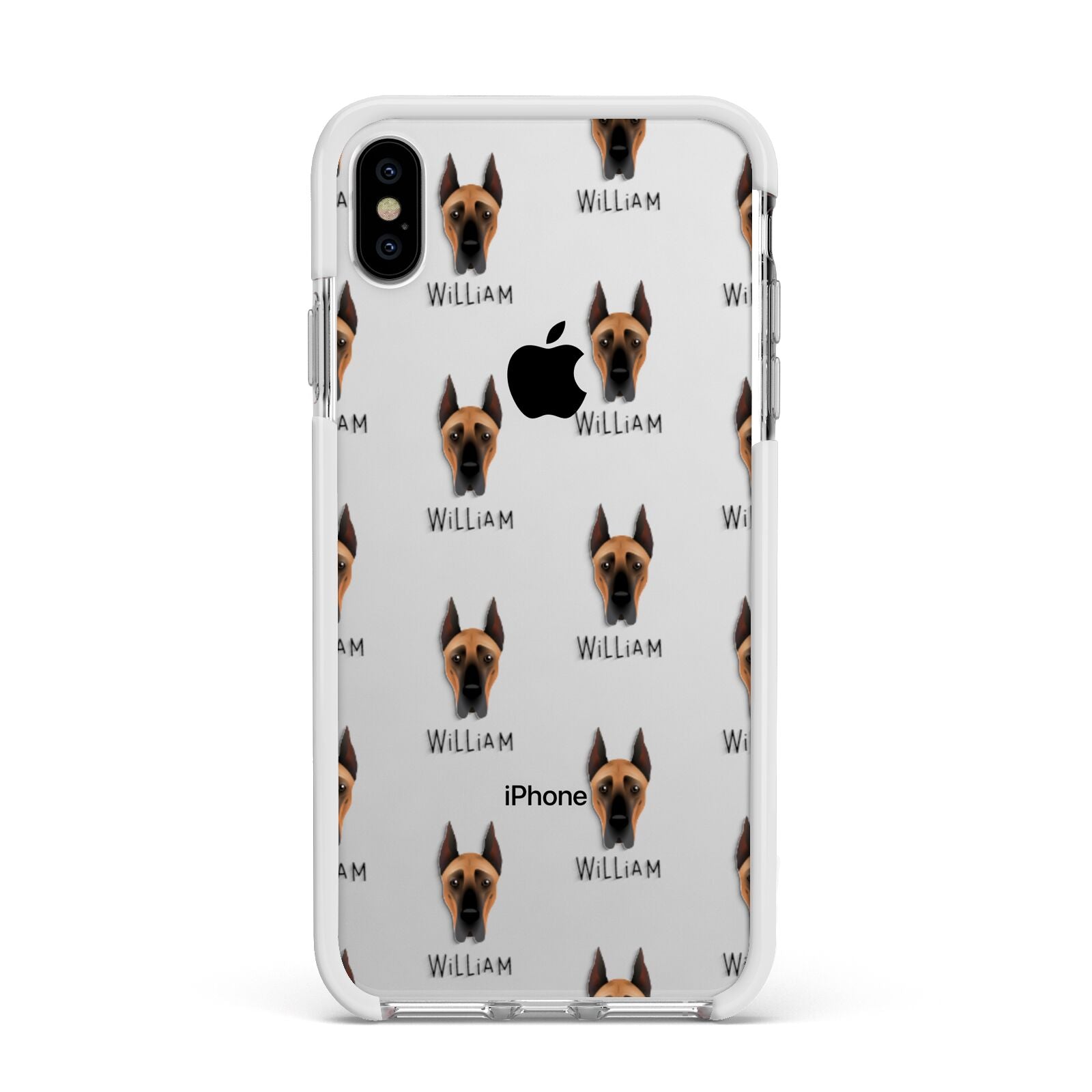 Great Dane Icon with Name Apple iPhone Xs Max Impact Case White Edge on Silver Phone