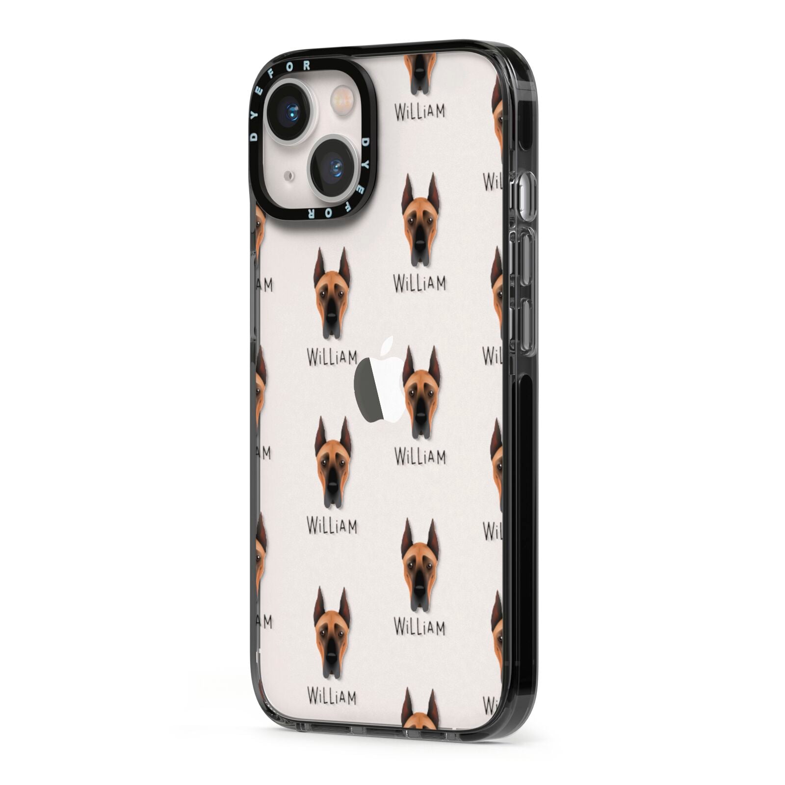 Great Dane Icon with Name iPhone 13 Black Impact Case Side Angle on Silver phone