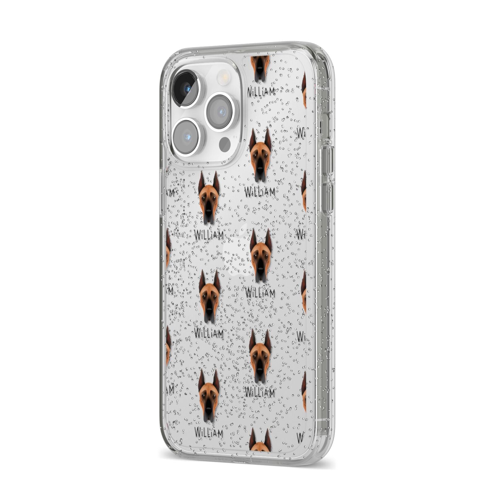 Great Dane Icon with Name iPhone 14 Pro Max Glitter Tough Case Silver Angled Image