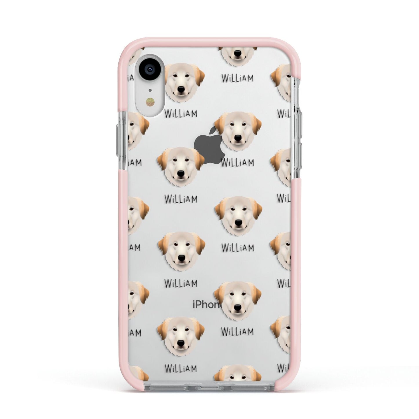 Great Pyrenees Icon with Name Apple iPhone XR Impact Case Pink Edge on Silver Phone