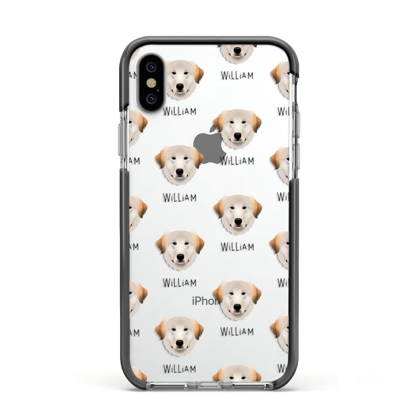 Great Pyrenees Icon with Name Apple iPhone Xs Impact Case Black Edge on Silver Phone