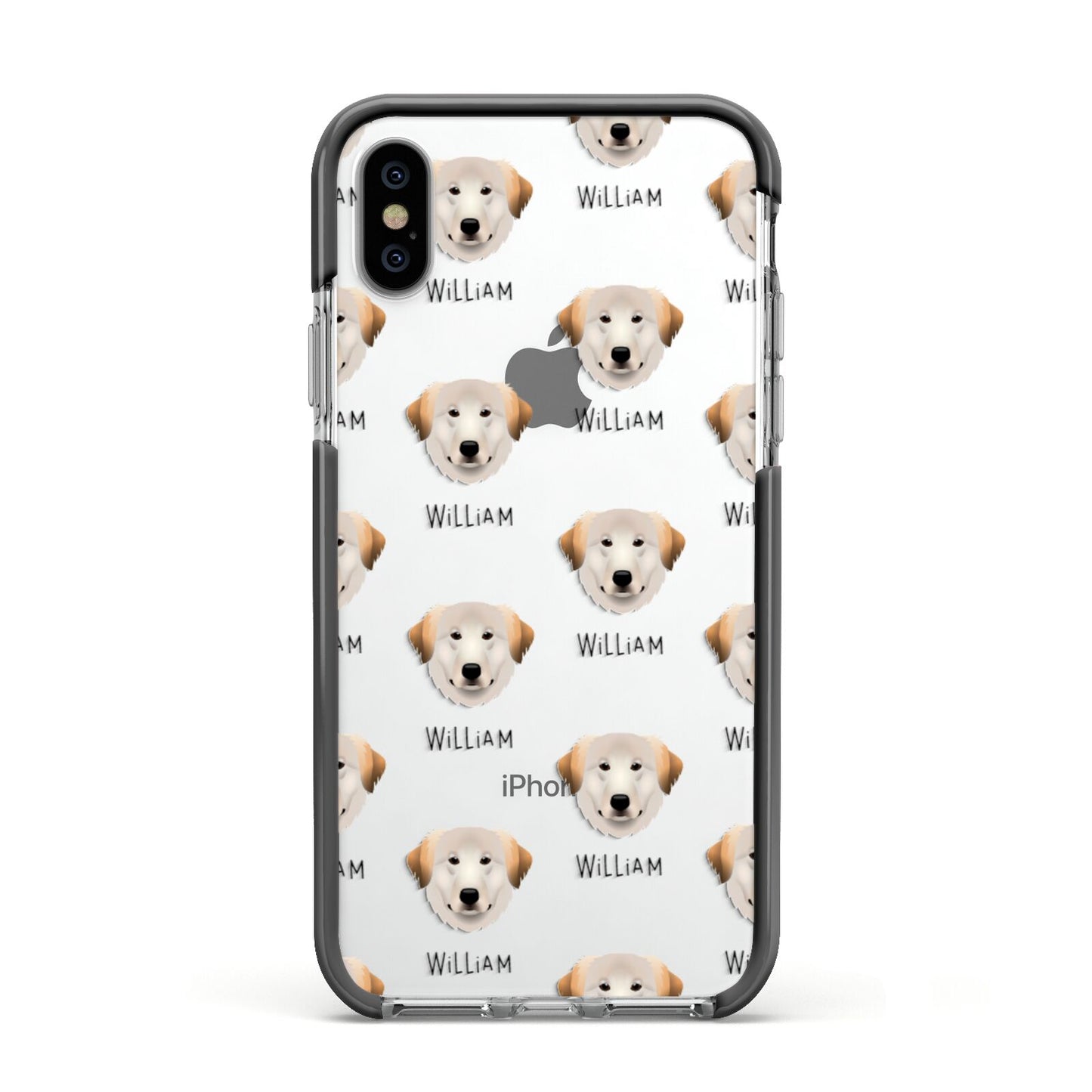 Great Pyrenees Icon with Name Apple iPhone Xs Impact Case Black Edge on Silver Phone