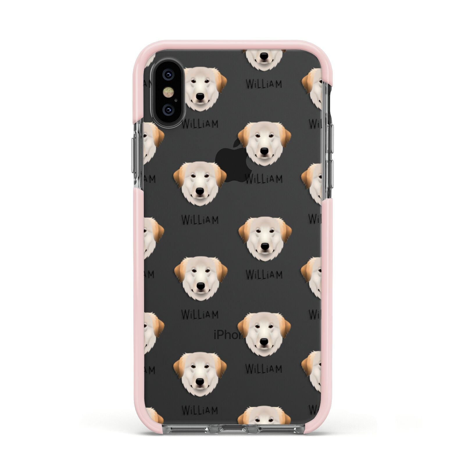Great Pyrenees Icon with Name Apple iPhone Xs Impact Case Pink Edge on Black Phone