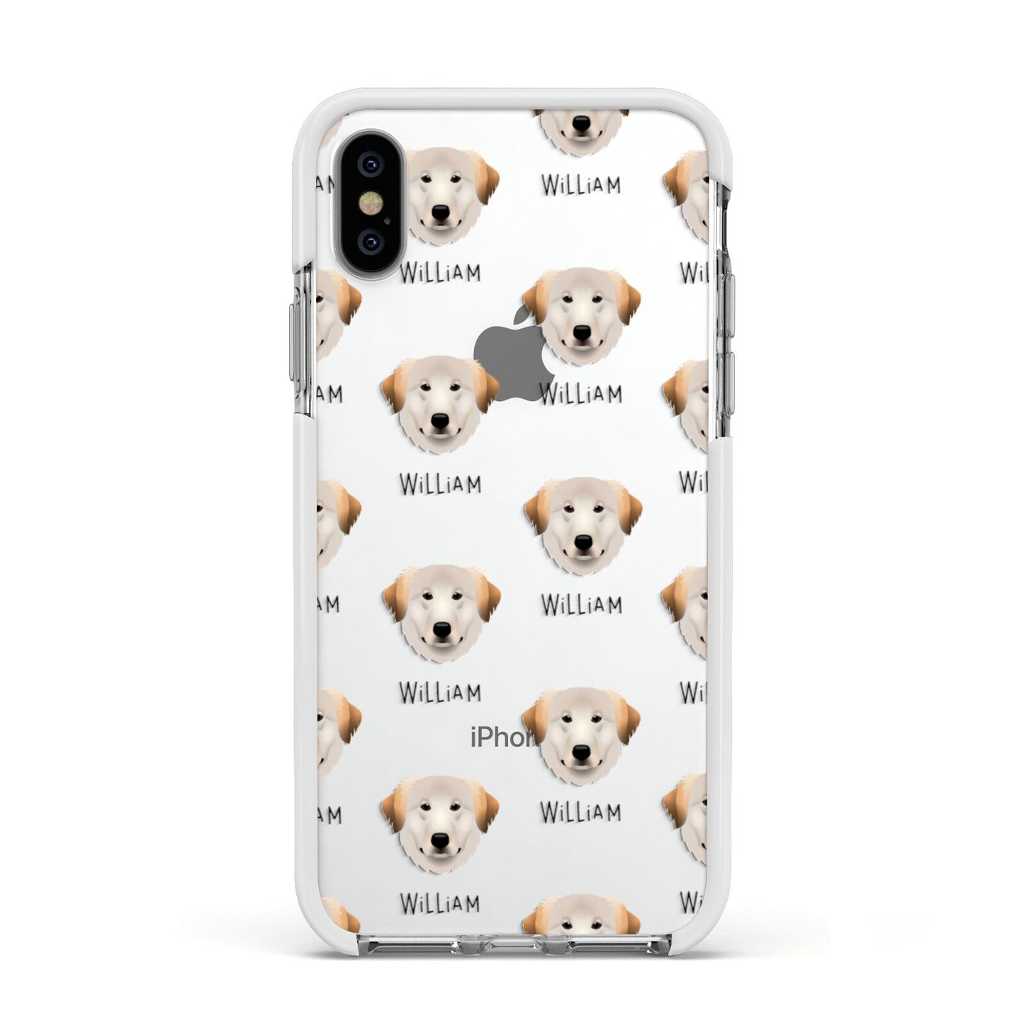 Great Pyrenees Icon with Name Apple iPhone Xs Impact Case White Edge on Silver Phone