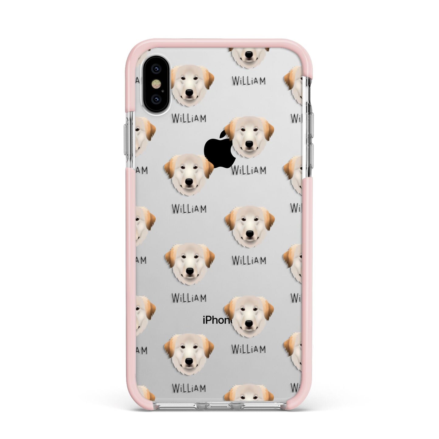 Great Pyrenees Icon with Name Apple iPhone Xs Max Impact Case Pink Edge on Silver Phone