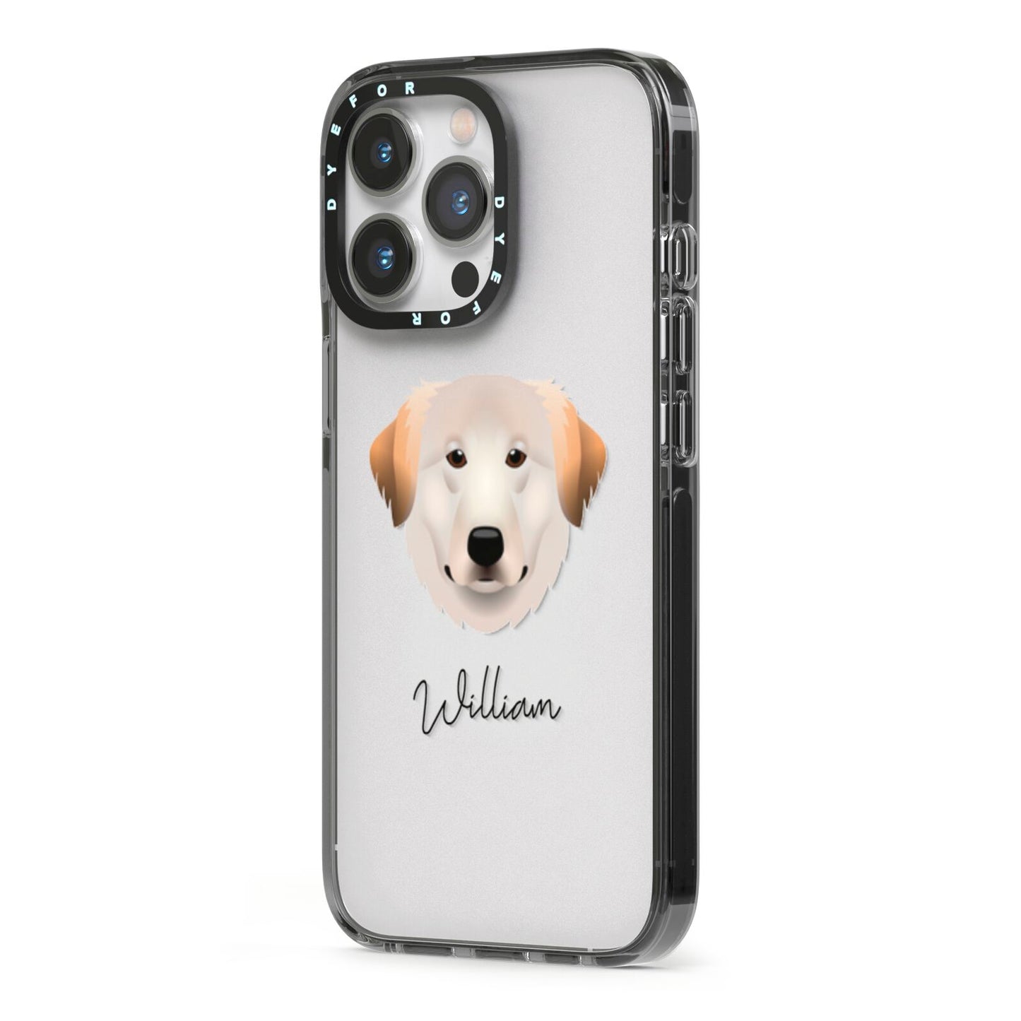 Great Pyrenees Personalised iPhone 13 Pro Black Impact Case Side Angle on Silver phone