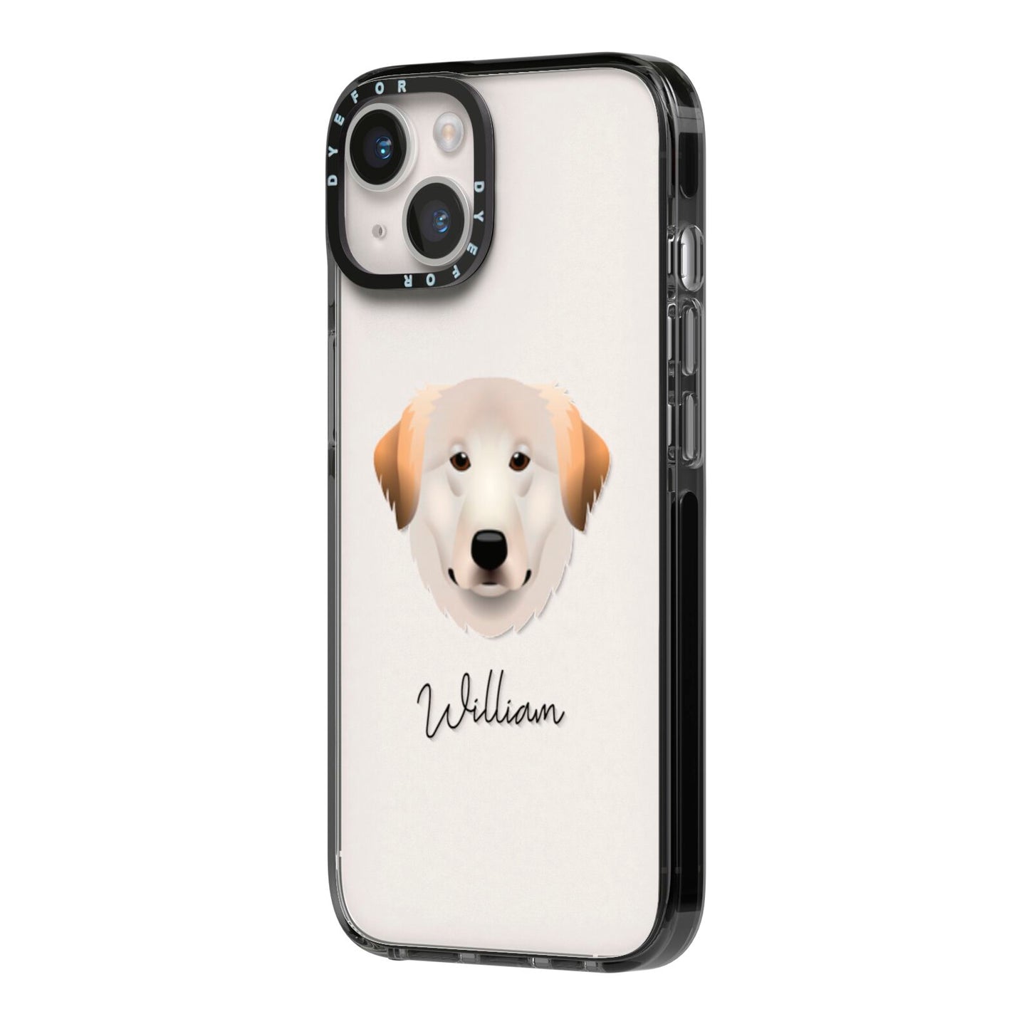 Great Pyrenees Personalised iPhone 14 Black Impact Case Side Angle on Silver phone