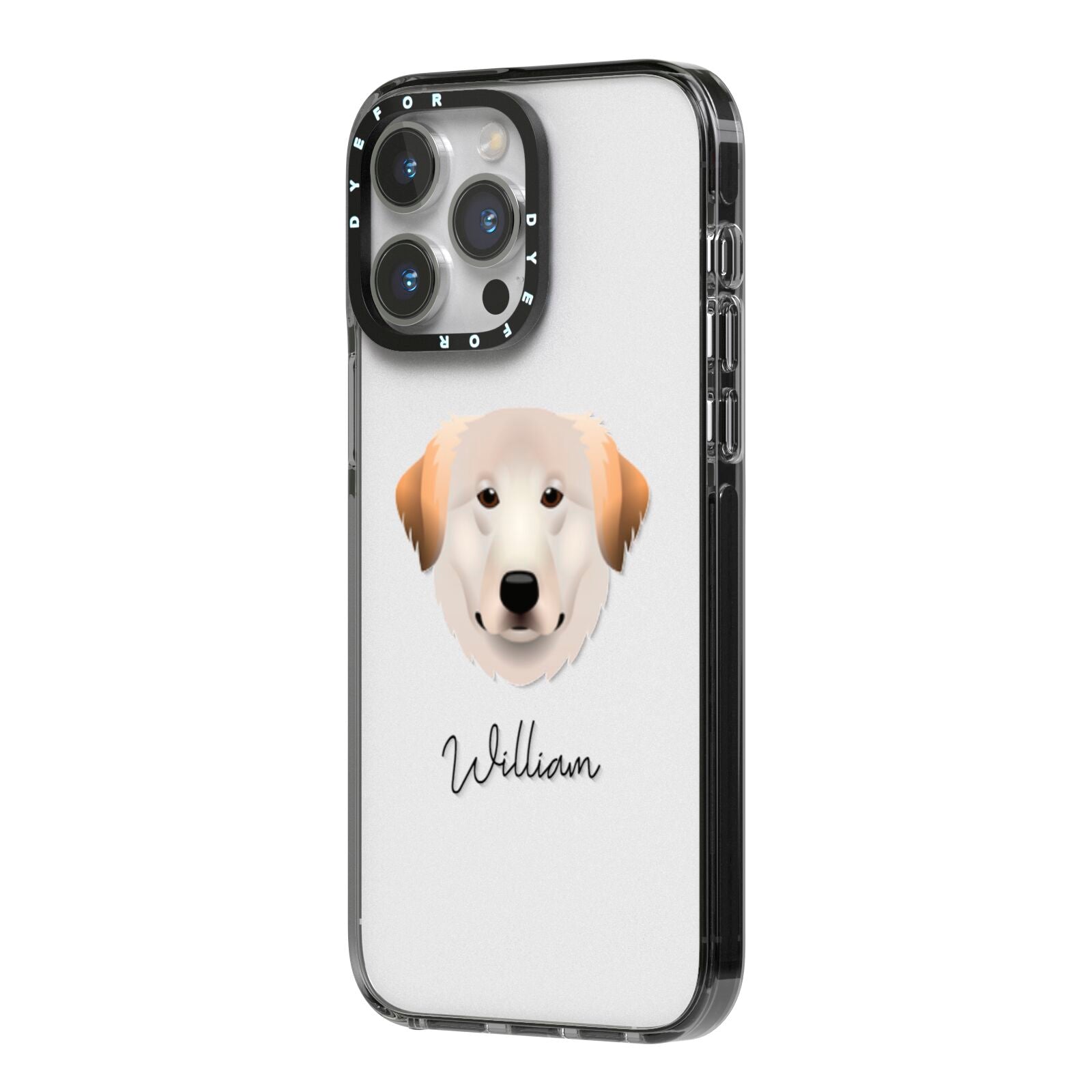 Great Pyrenees Personalised iPhone 14 Pro Max Black Impact Case Side Angle on Silver phone