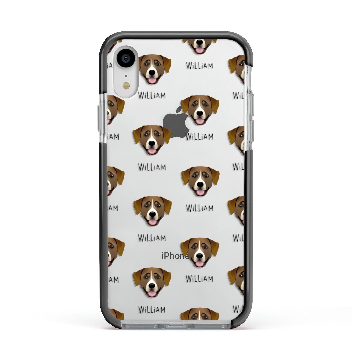 Greater Swiss Mountain Dog Icon with Name Apple iPhone XR Impact Case Black Edge on Silver Phone