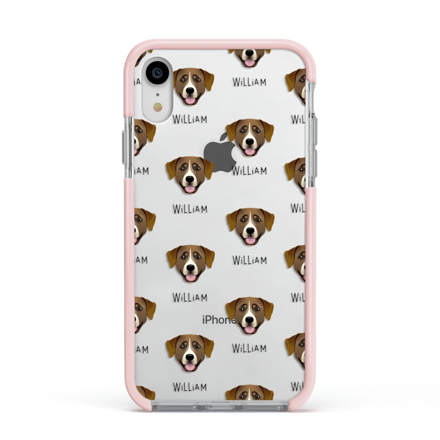 Greater Swiss Mountain Dog Icon with Name Apple iPhone XR Impact Case Pink Edge on Silver Phone