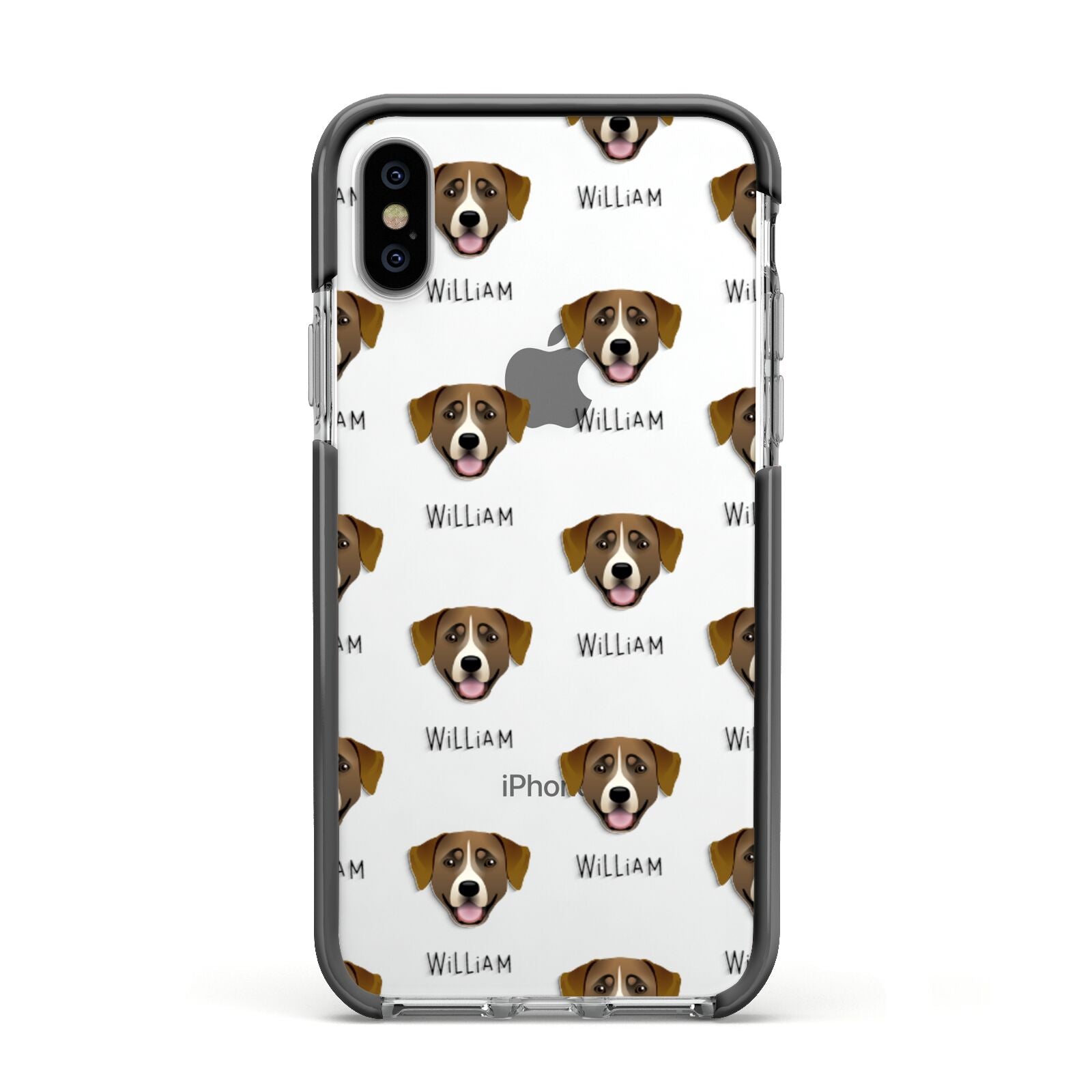 Greater Swiss Mountain Dog Icon with Name Apple iPhone Xs Impact Case Black Edge on Silver Phone