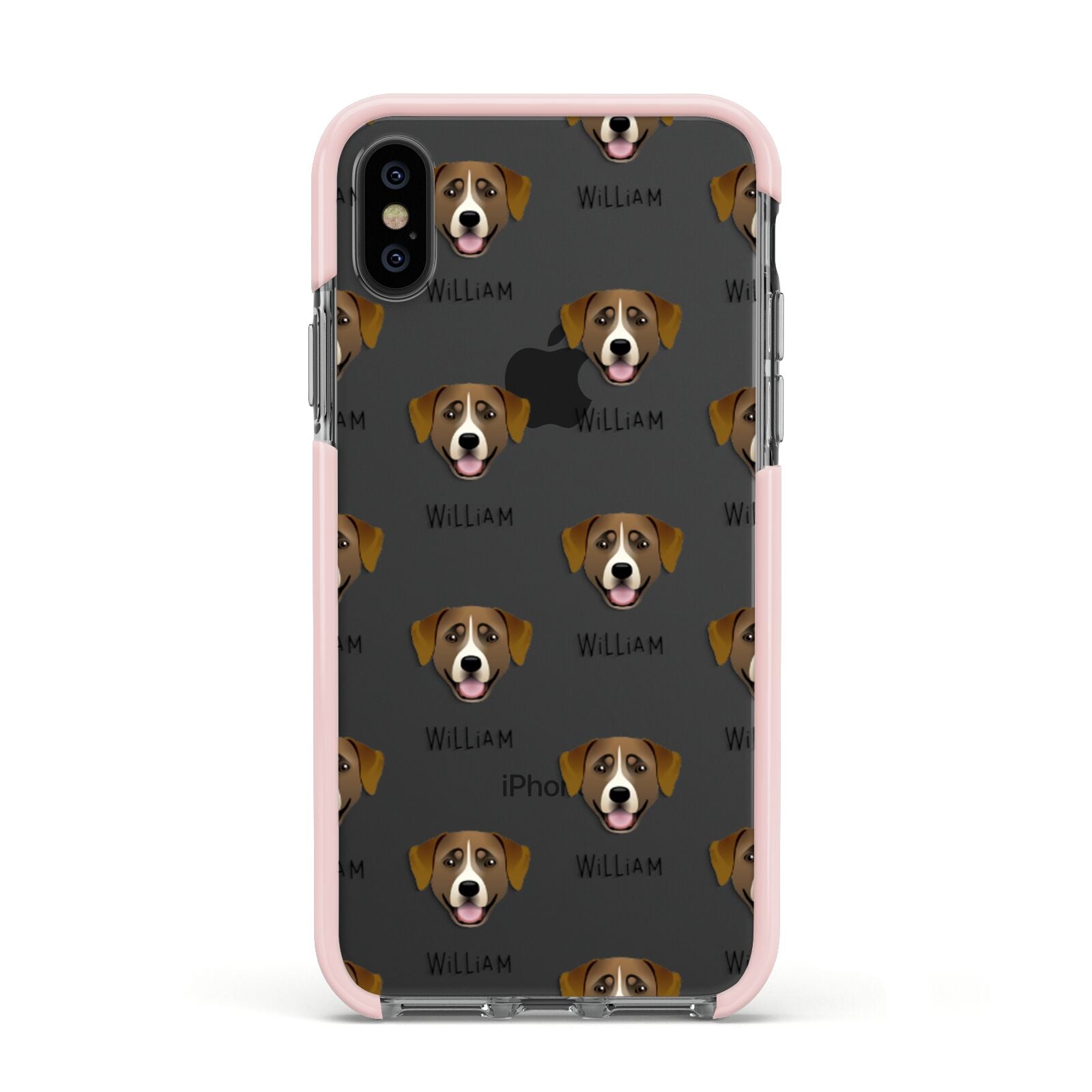 Greater Swiss Mountain Dog Icon with Name Apple iPhone Xs Impact Case Pink Edge on Black Phone