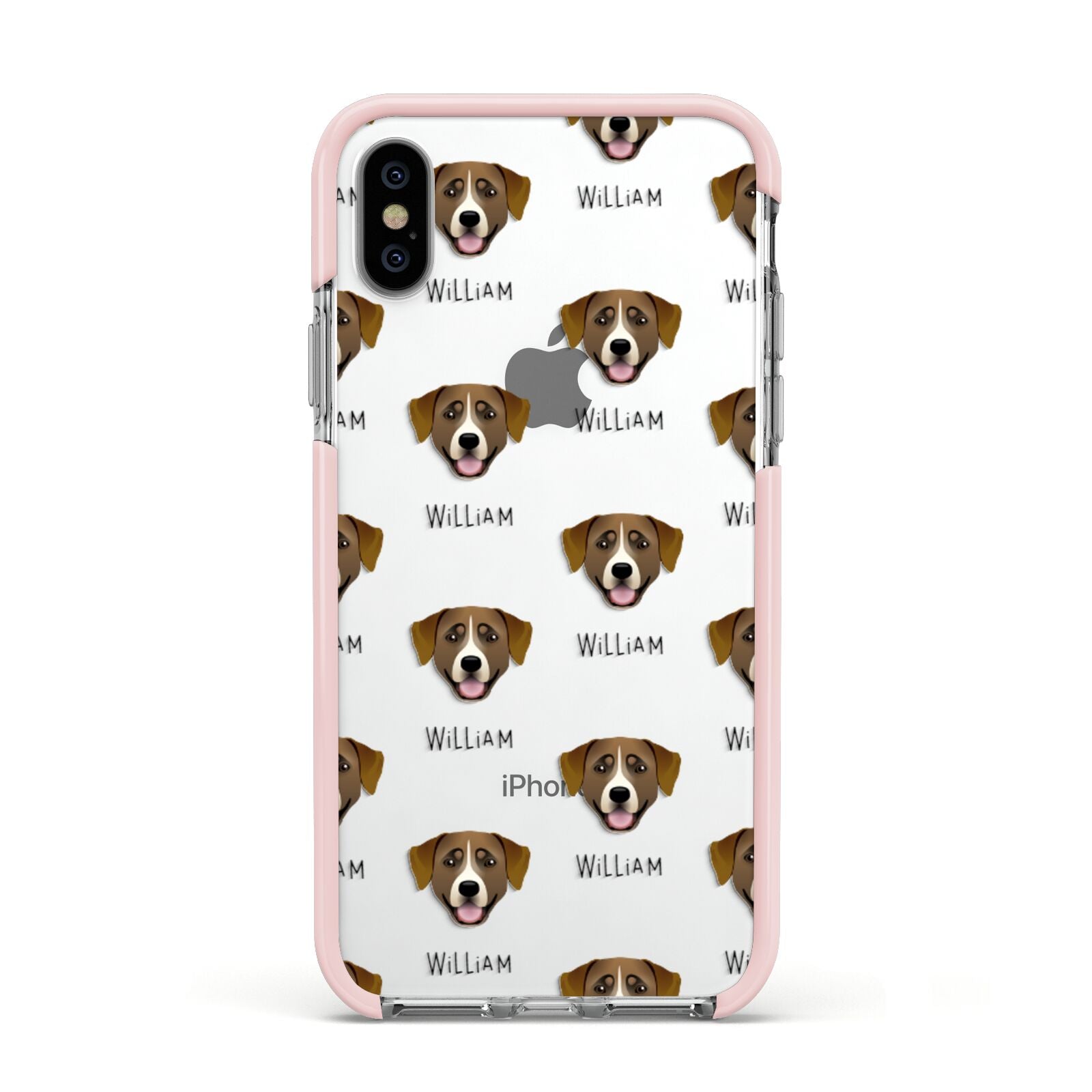 Greater Swiss Mountain Dog Icon with Name Apple iPhone Xs Impact Case Pink Edge on Silver Phone