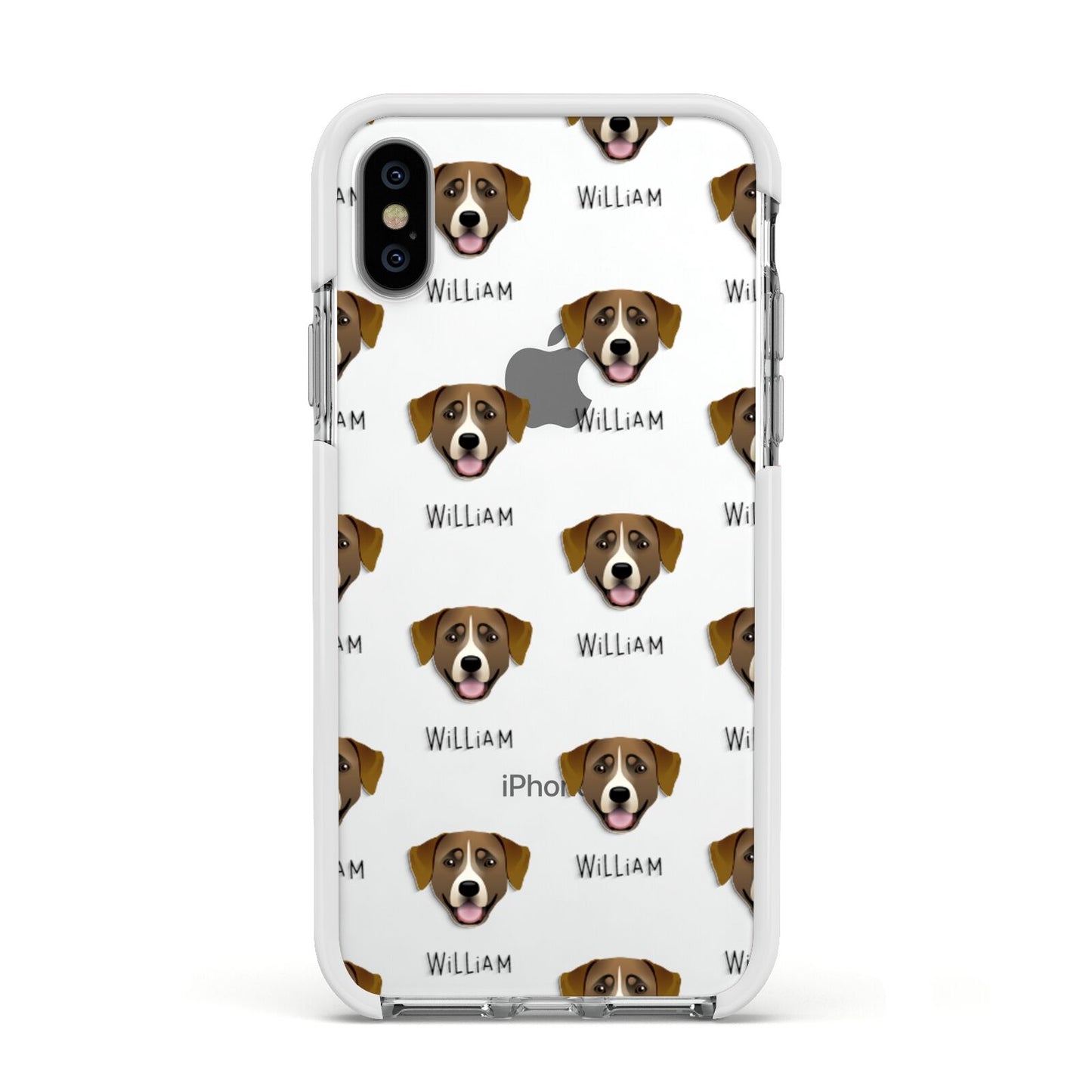 Greater Swiss Mountain Dog Icon with Name Apple iPhone Xs Impact Case White Edge on Silver Phone