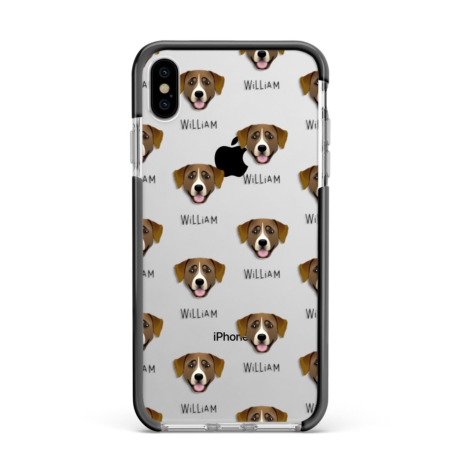 Greater Swiss Mountain Dog Icon with Name Apple iPhone Xs Max Impact Case Black Edge on Silver Phone