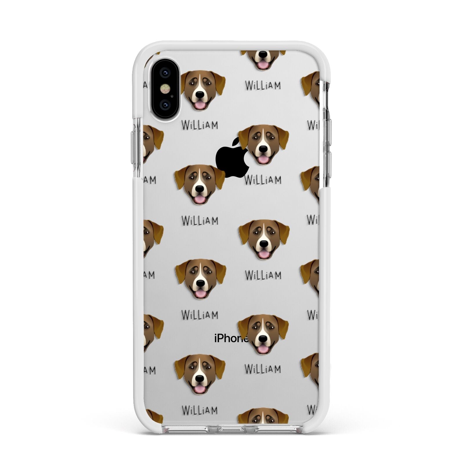 Greater Swiss Mountain Dog Icon with Name Apple iPhone Xs Max Impact Case White Edge on Silver Phone
