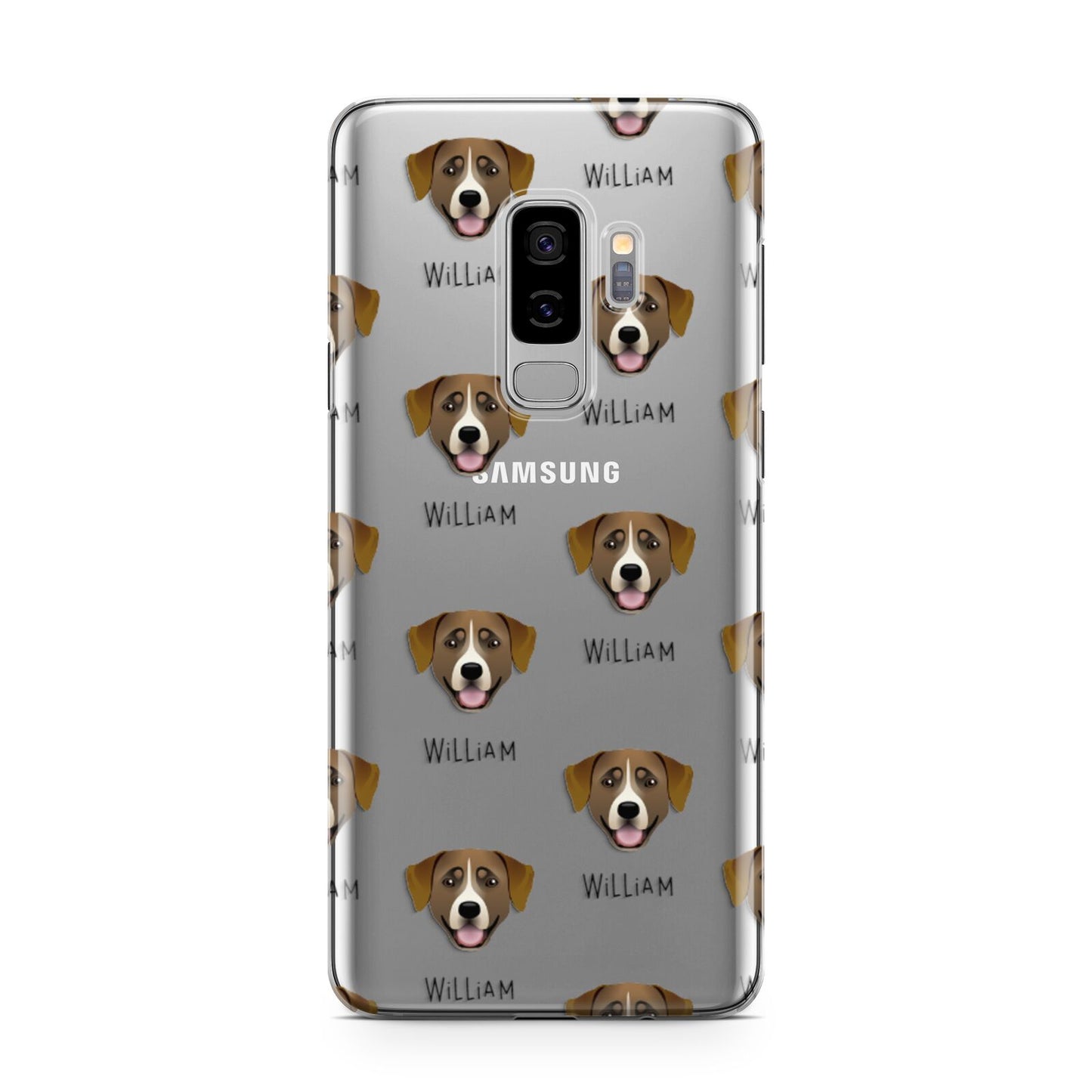 Greater Swiss Mountain Dog Icon with Name Samsung Galaxy S9 Plus Case on Silver phone