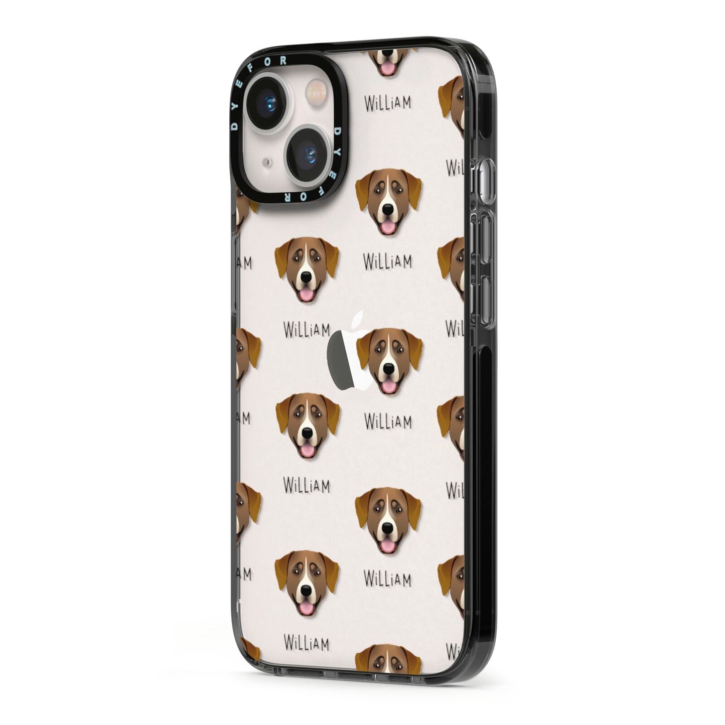 Greater Swiss Mountain Dog Icon with Name iPhone 13 Black Impact Case Side Angle on Silver phone