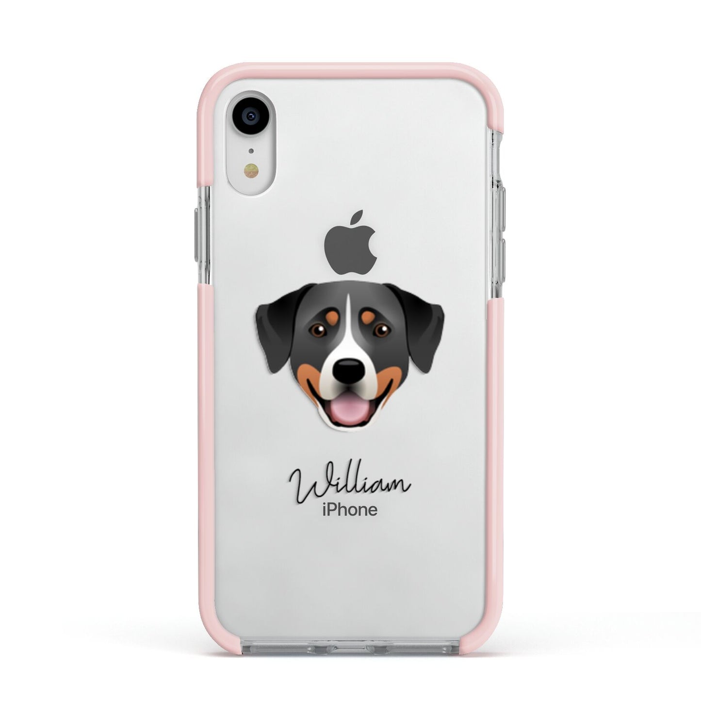 Greater Swiss Mountain Dog Personalised Apple iPhone XR Impact Case Pink Edge on Silver Phone