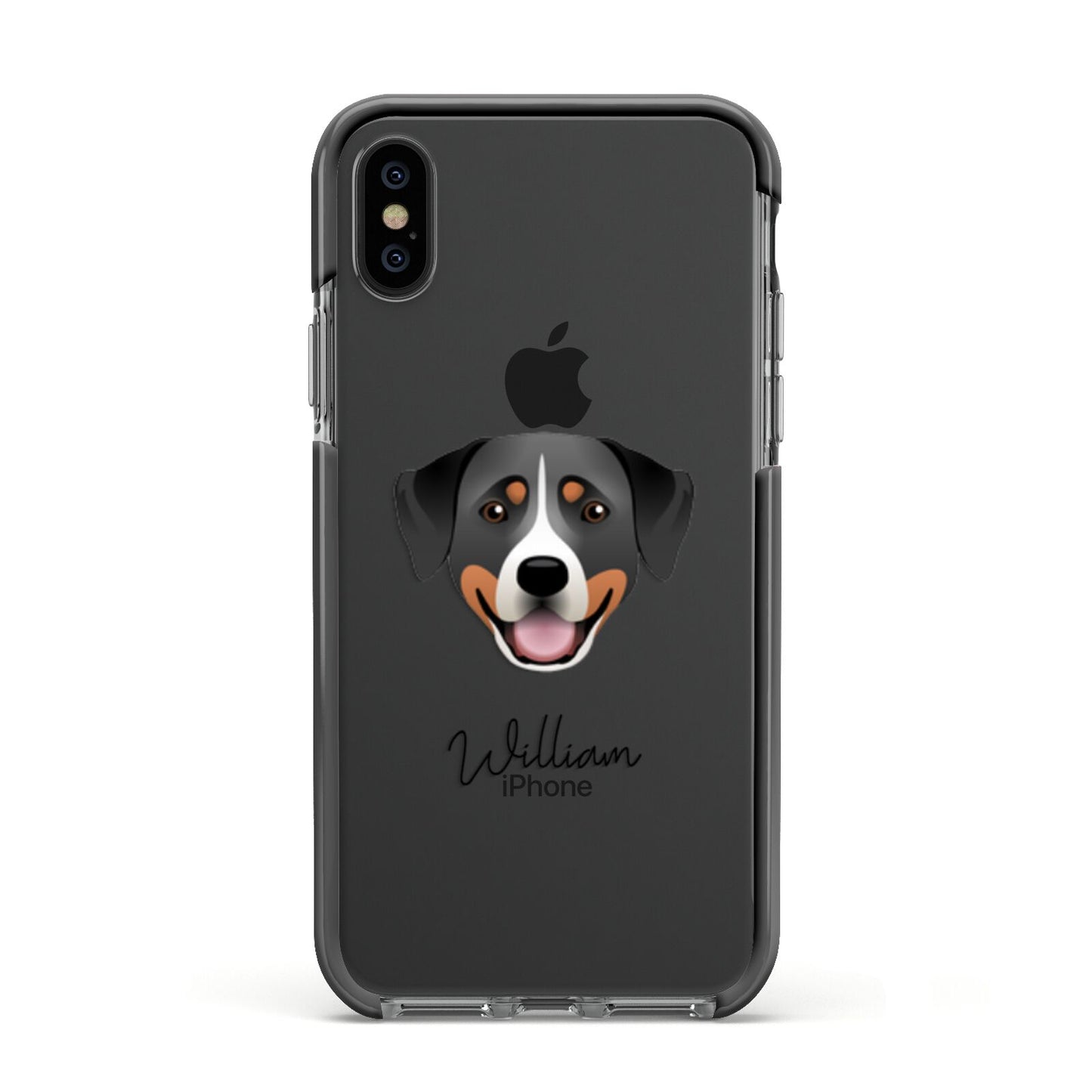 Greater Swiss Mountain Dog Personalised Apple iPhone Xs Impact Case Black Edge on Black Phone