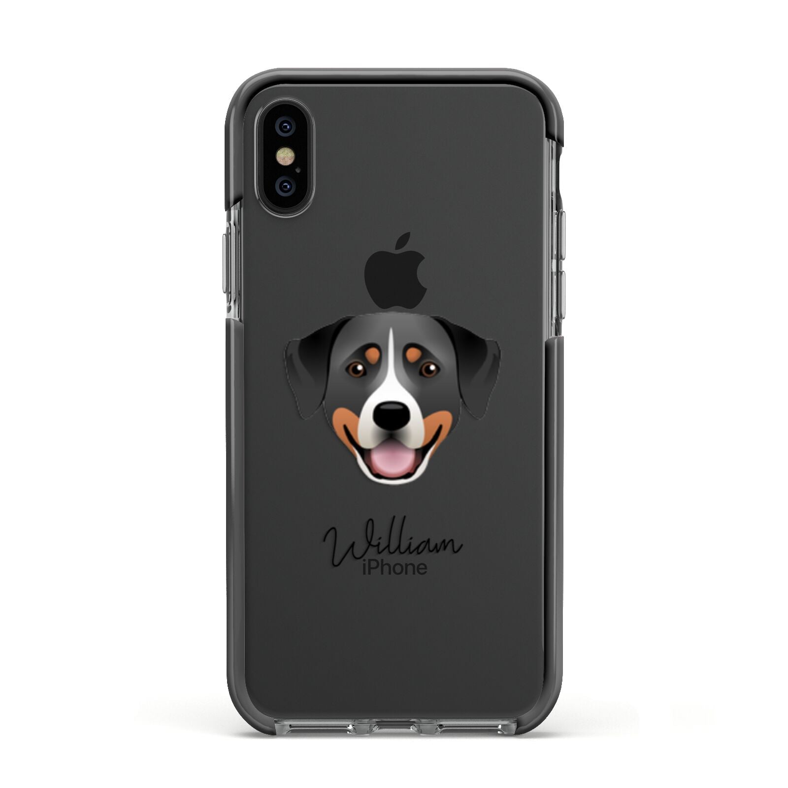Greater Swiss Mountain Dog Personalised Apple iPhone Xs Impact Case Black Edge on Black Phone