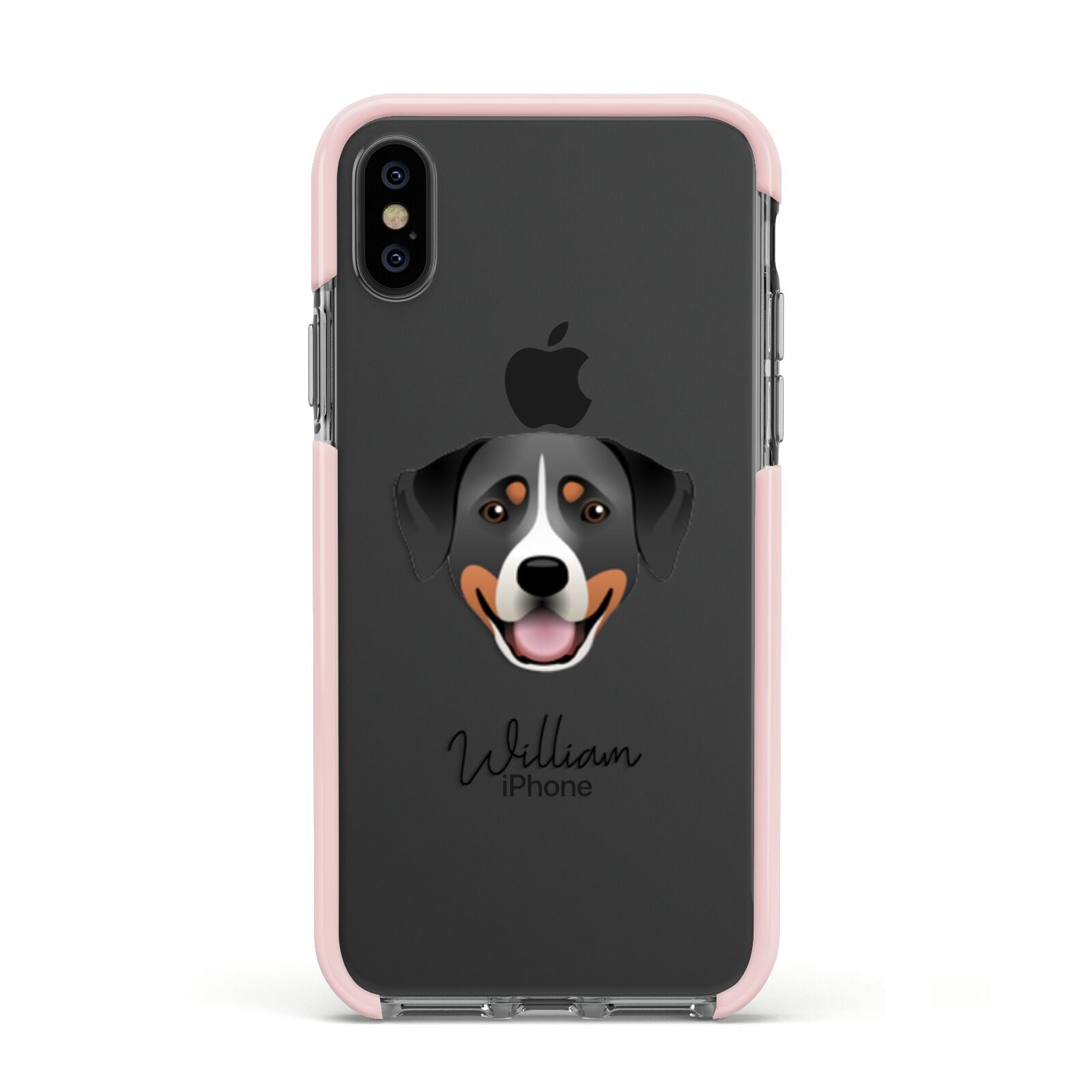 Greater Swiss Mountain Dog Personalised Apple iPhone Xs Impact Case Pink Edge on Black Phone
