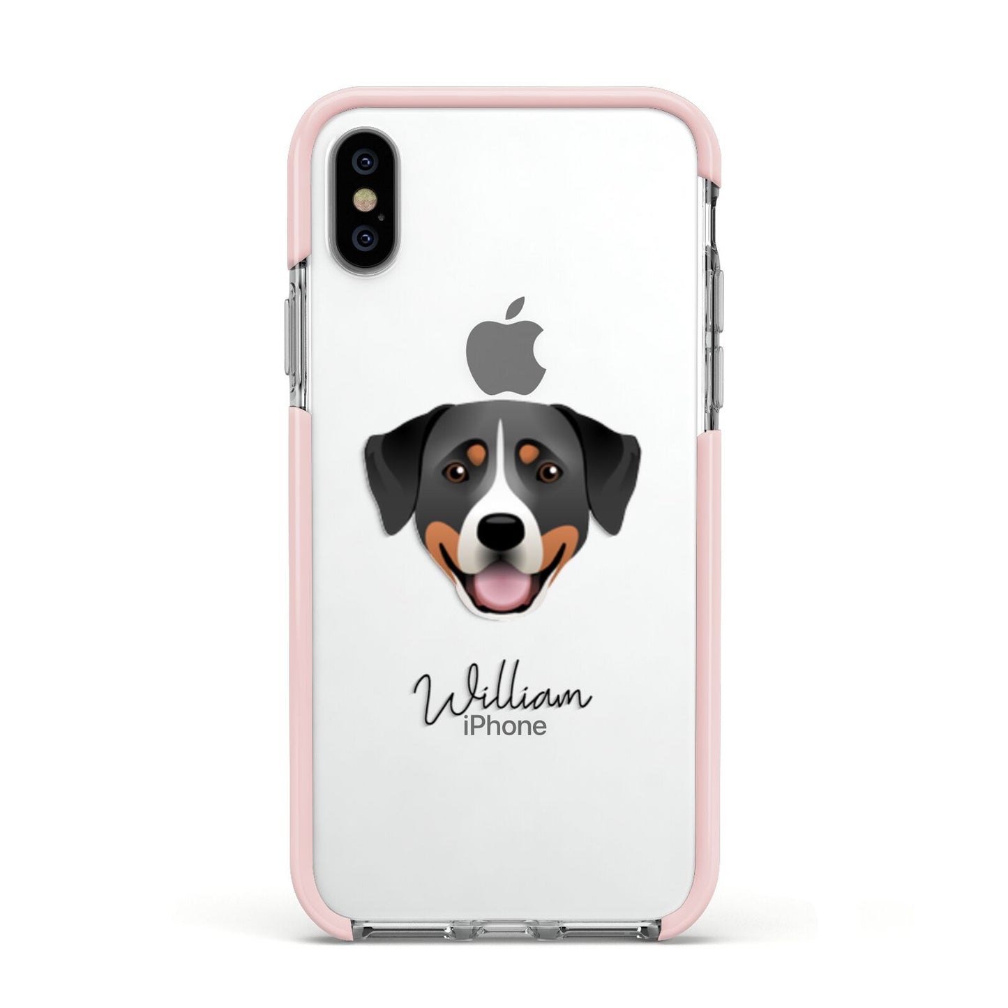 Greater Swiss Mountain Dog Personalised Apple iPhone Xs Impact Case Pink Edge on Silver Phone