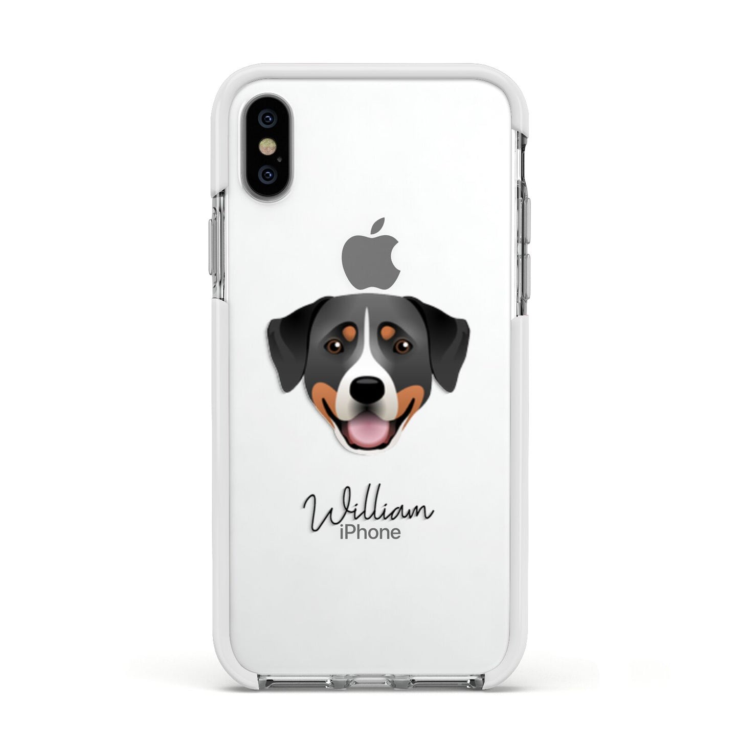 Greater Swiss Mountain Dog Personalised Apple iPhone Xs Impact Case White Edge on Silver Phone