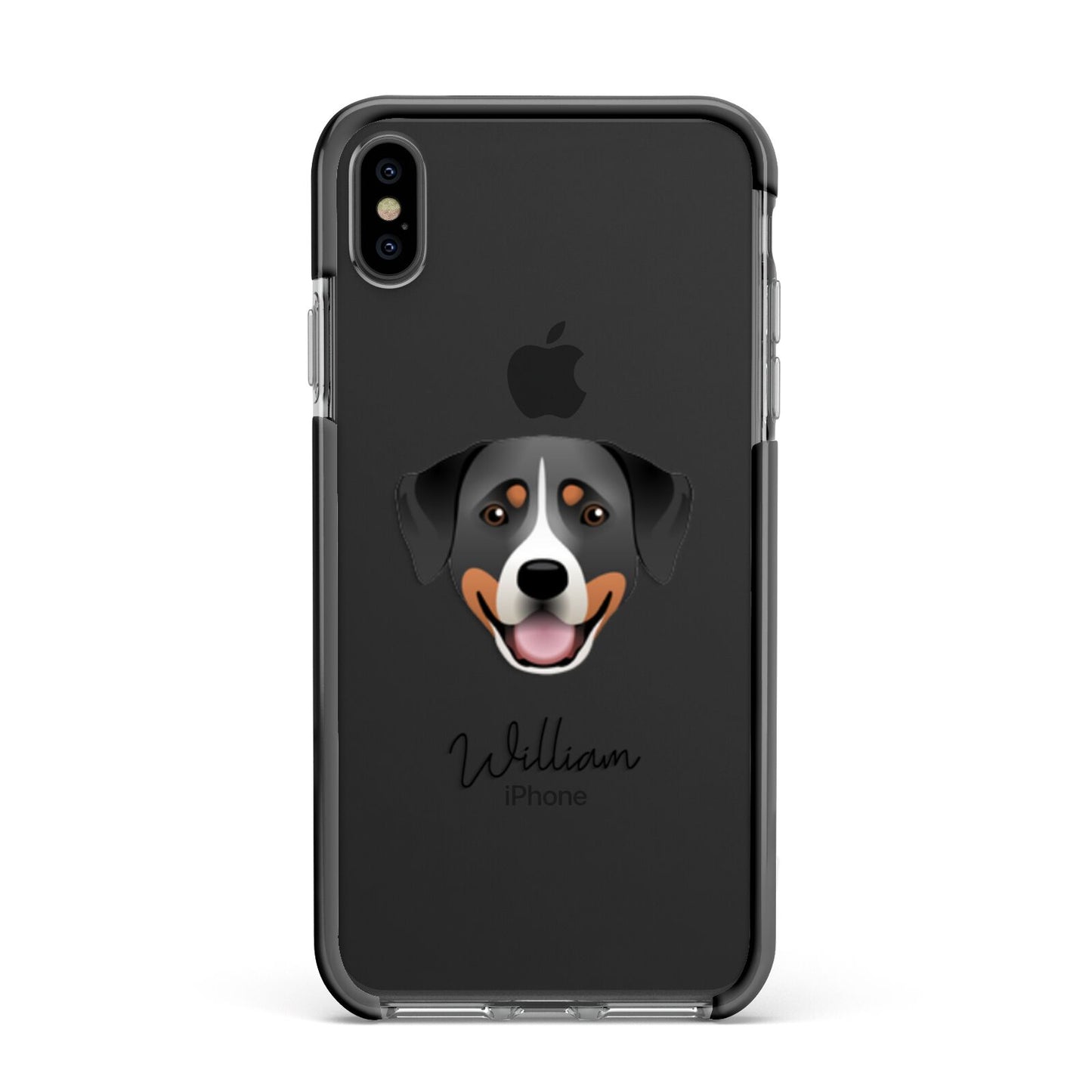 Greater Swiss Mountain Dog Personalised Apple iPhone Xs Max Impact Case Black Edge on Black Phone