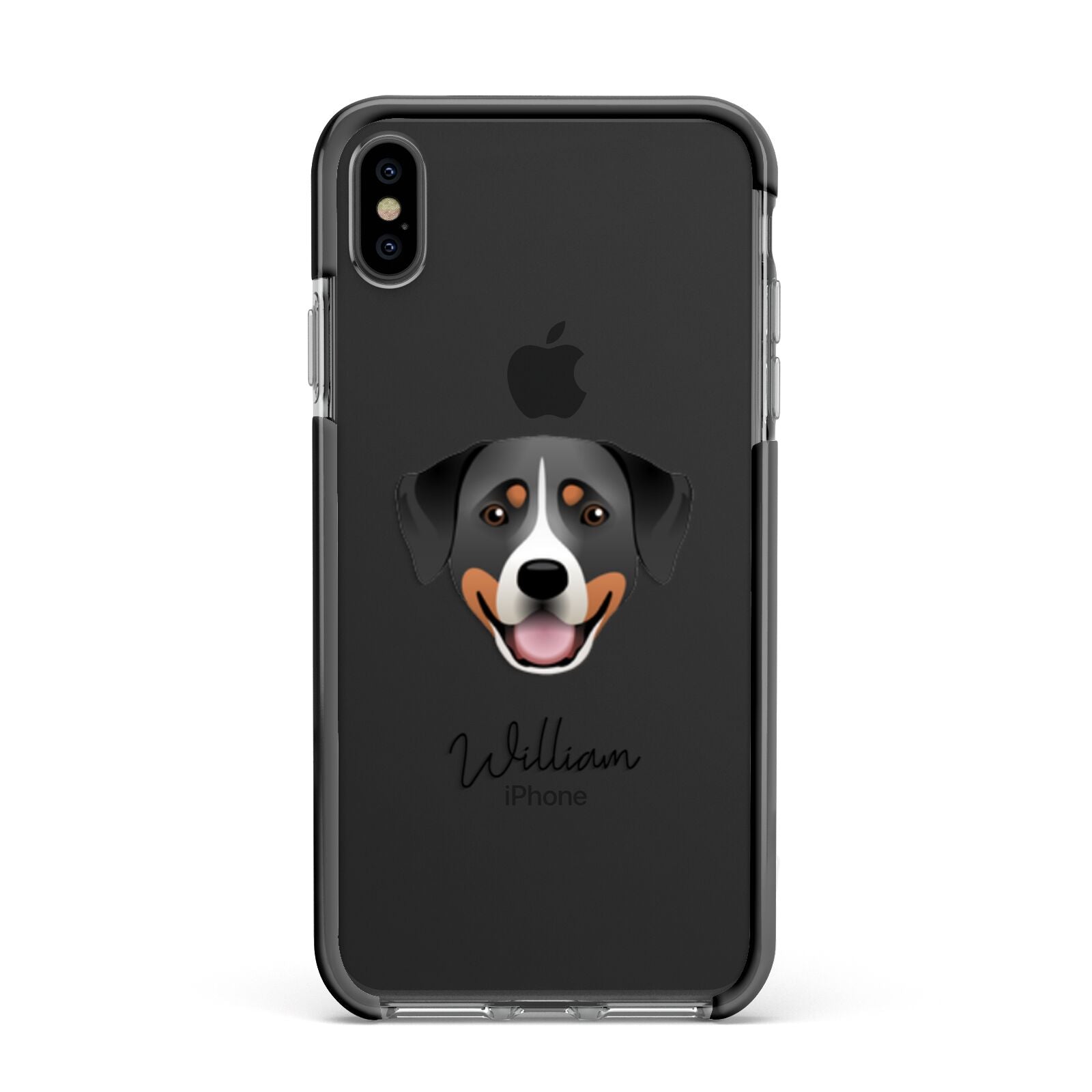 Greater Swiss Mountain Dog Personalised Apple iPhone Xs Max Impact Case Black Edge on Black Phone