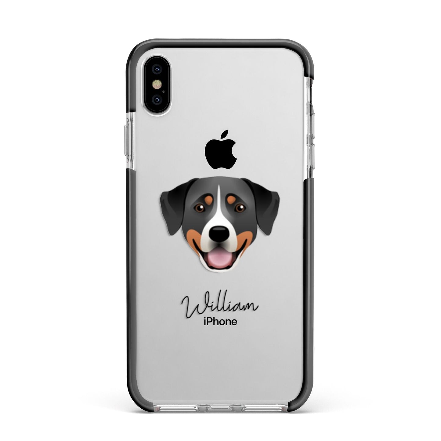 Greater Swiss Mountain Dog Personalised Apple iPhone Xs Max Impact Case Black Edge on Silver Phone