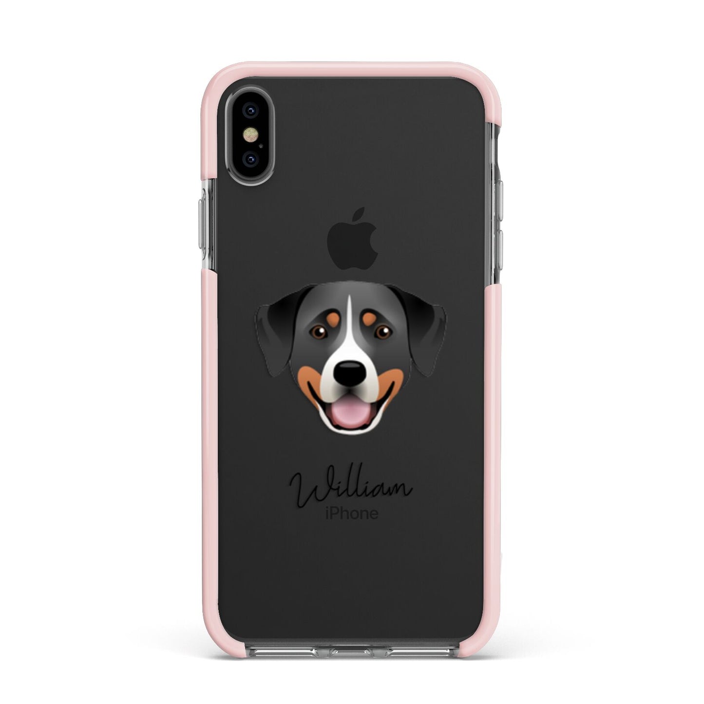Greater Swiss Mountain Dog Personalised Apple iPhone Xs Max Impact Case Pink Edge on Black Phone
