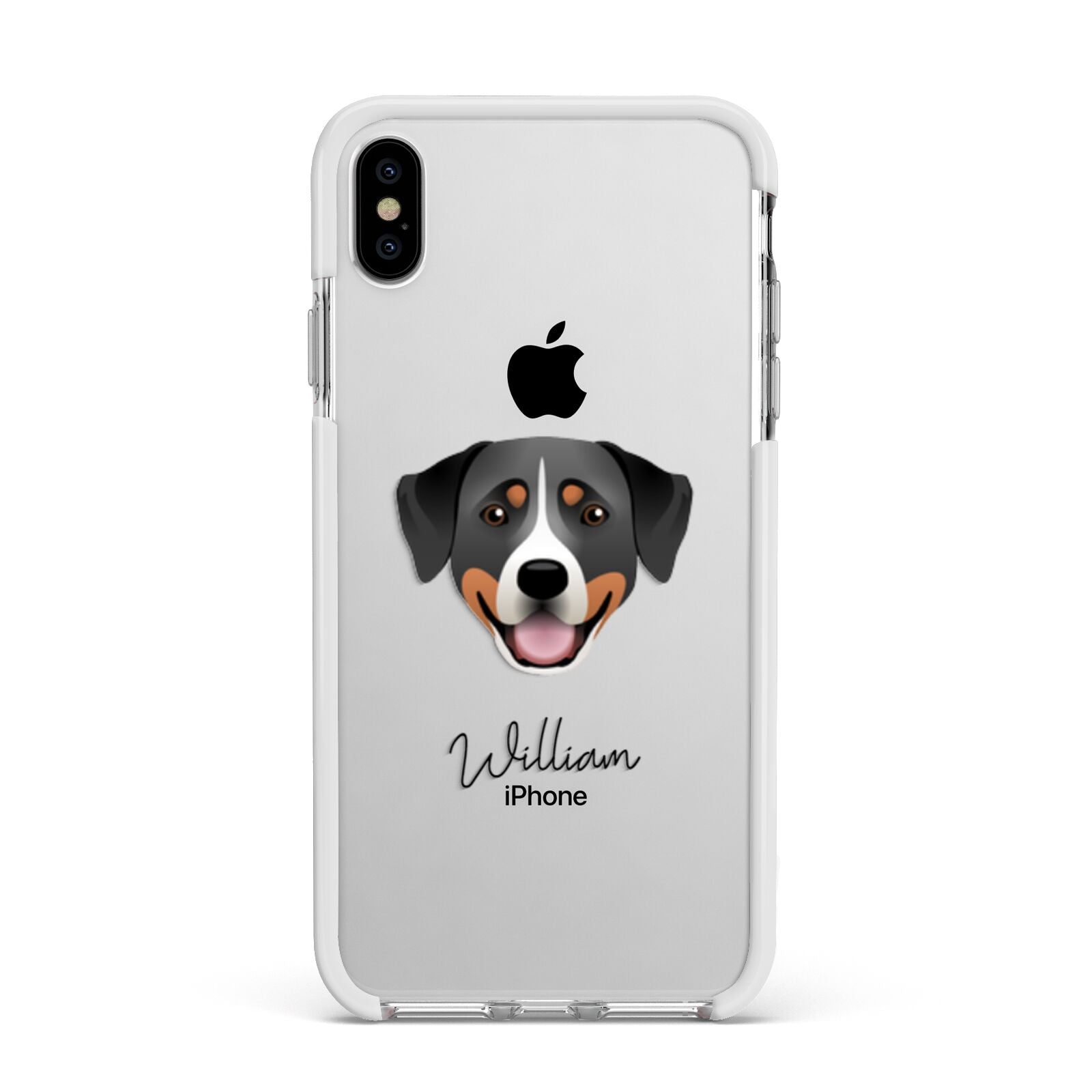 Greater Swiss Mountain Dog Personalised Apple iPhone Xs Max Impact Case White Edge on Silver Phone