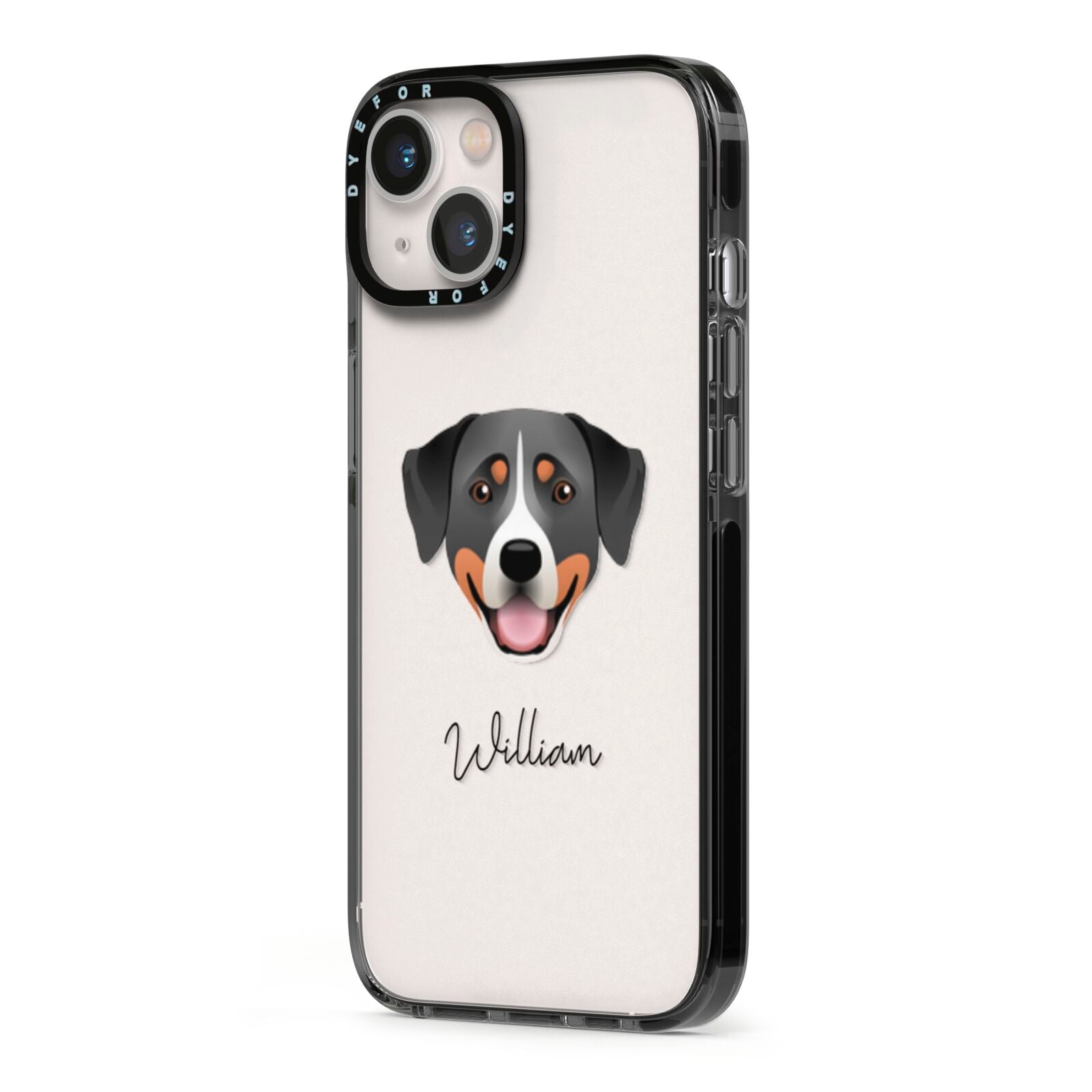 Greater Swiss Mountain Dog Personalised iPhone 13 Black Impact Case Side Angle on Silver phone