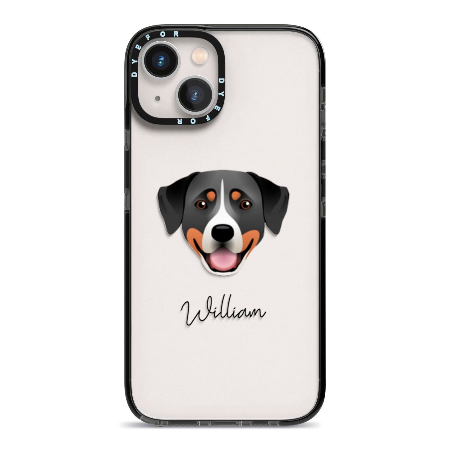 Greater Swiss Mountain Dog Personalised iPhone 13 Black Impact Case on Silver phone
