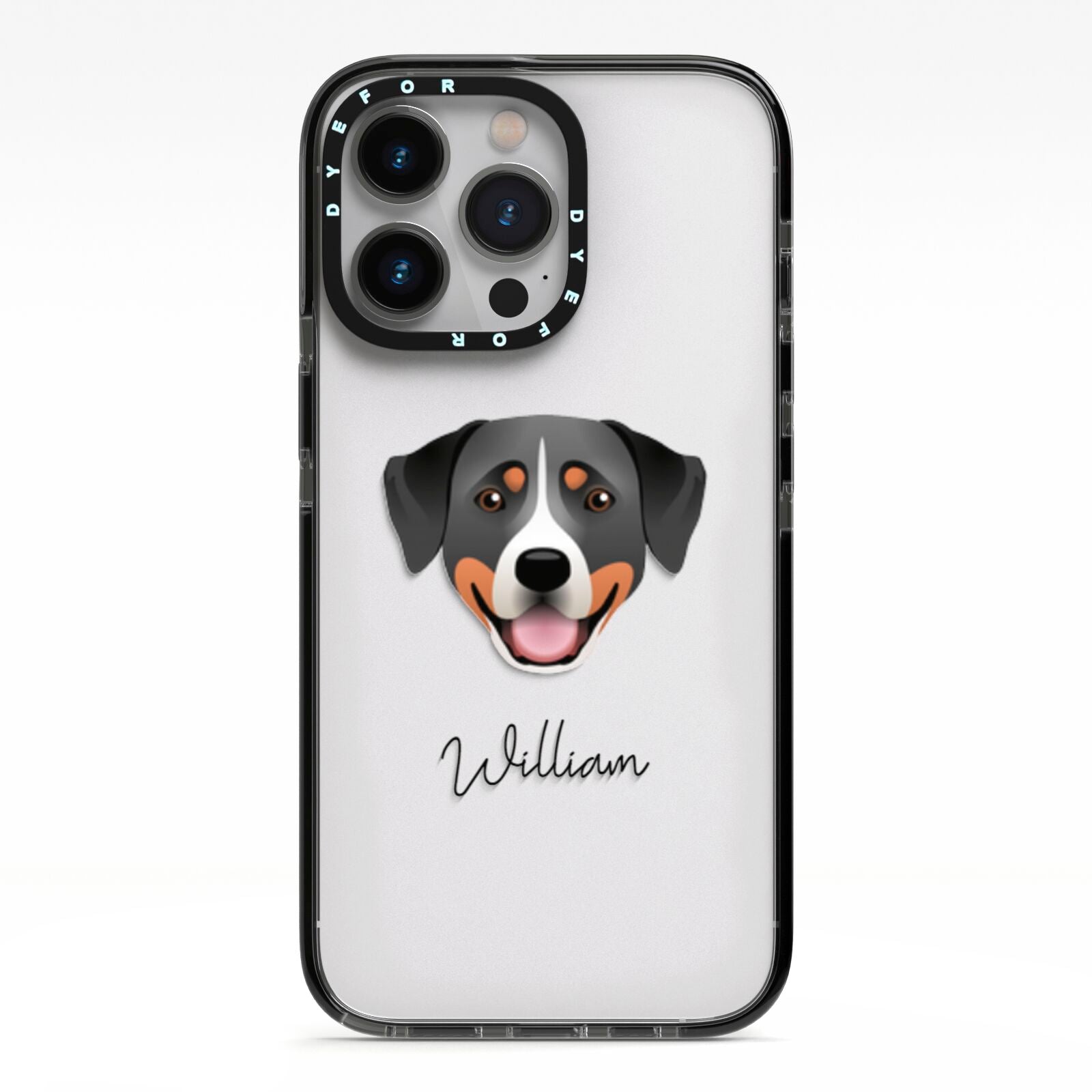 Greater Swiss Mountain Dog Personalised iPhone 13 Pro Black Impact Case on Silver phone