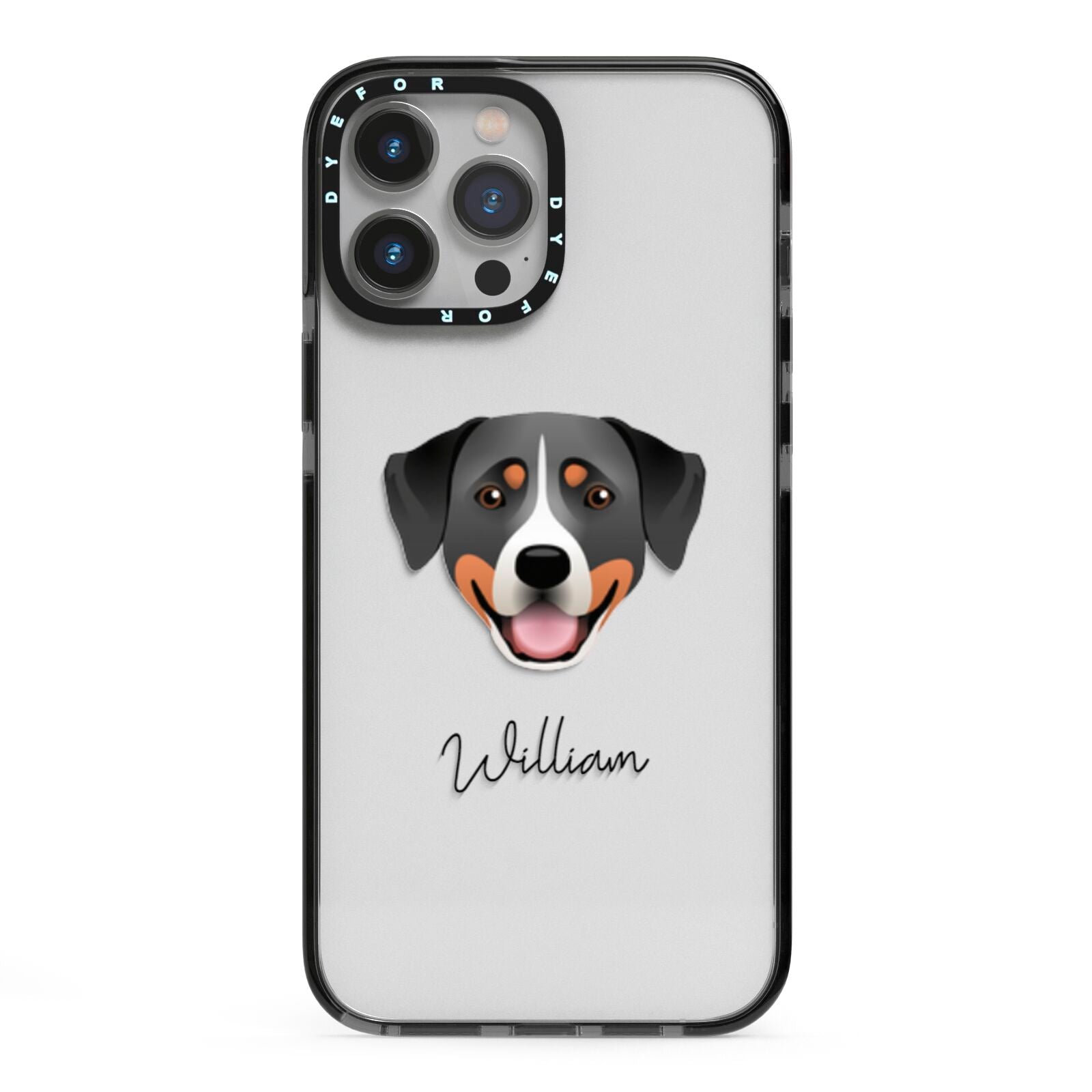 Greater Swiss Mountain Dog Personalised iPhone 13 Pro Max Black Impact Case on Silver phone